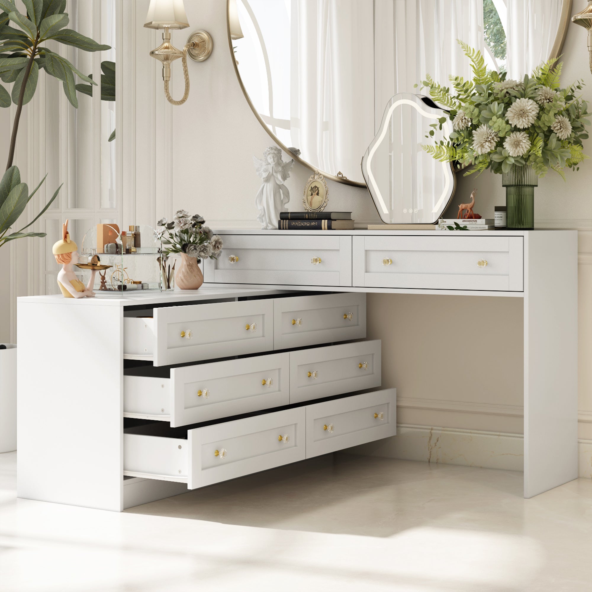 White Dresser and Vanity Versatile Storage Solution Crystal Desk