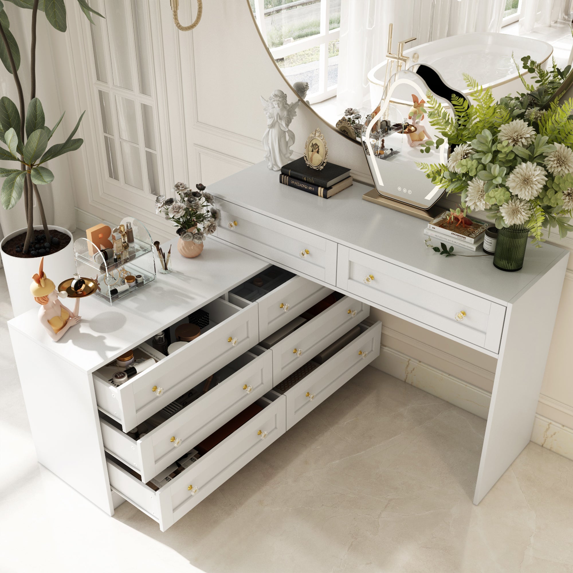 White Dresser and Vanity Versatile Storage Solution Crystal Desk