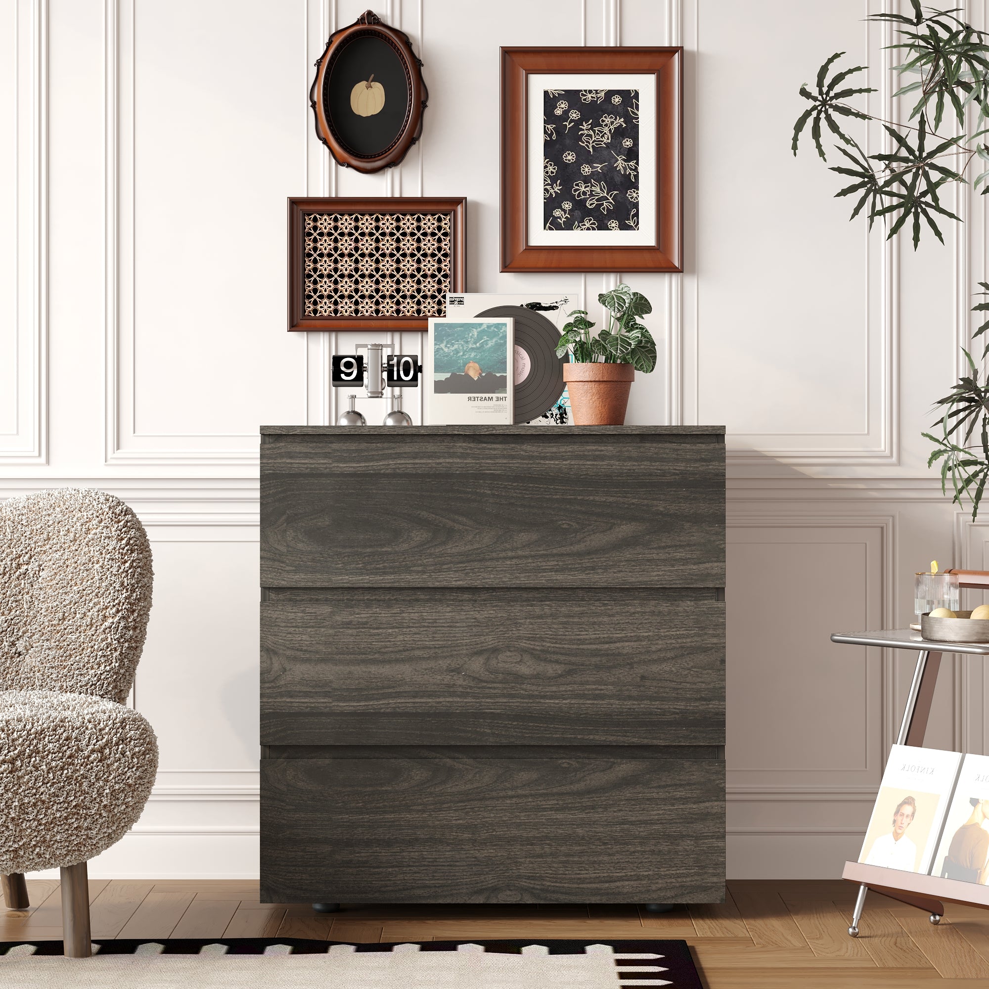 Chest of 3 Drawers Storage Dresser White Sideboard with 3 Drawers No-Handle Organizer