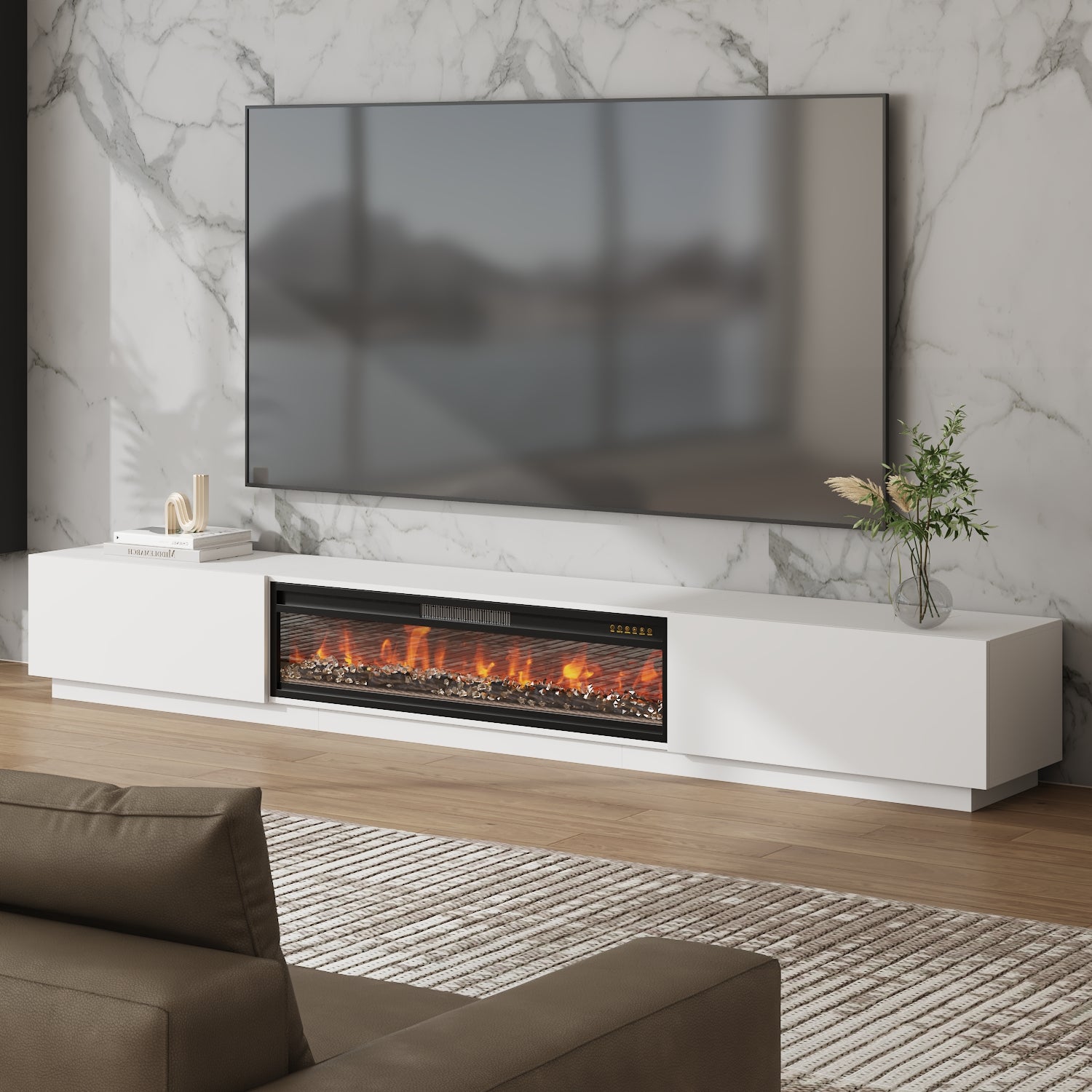 109'' W 2-Drawer TV Stand Media Console With Electric Fireplace Heater
