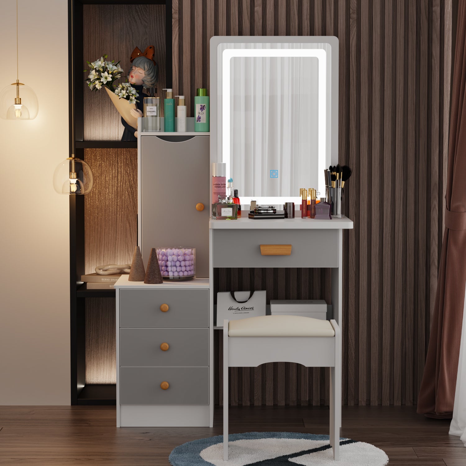 Vanity Set With Sliding Mirror, 4 Drawers, Shelves & Cushioned Stool