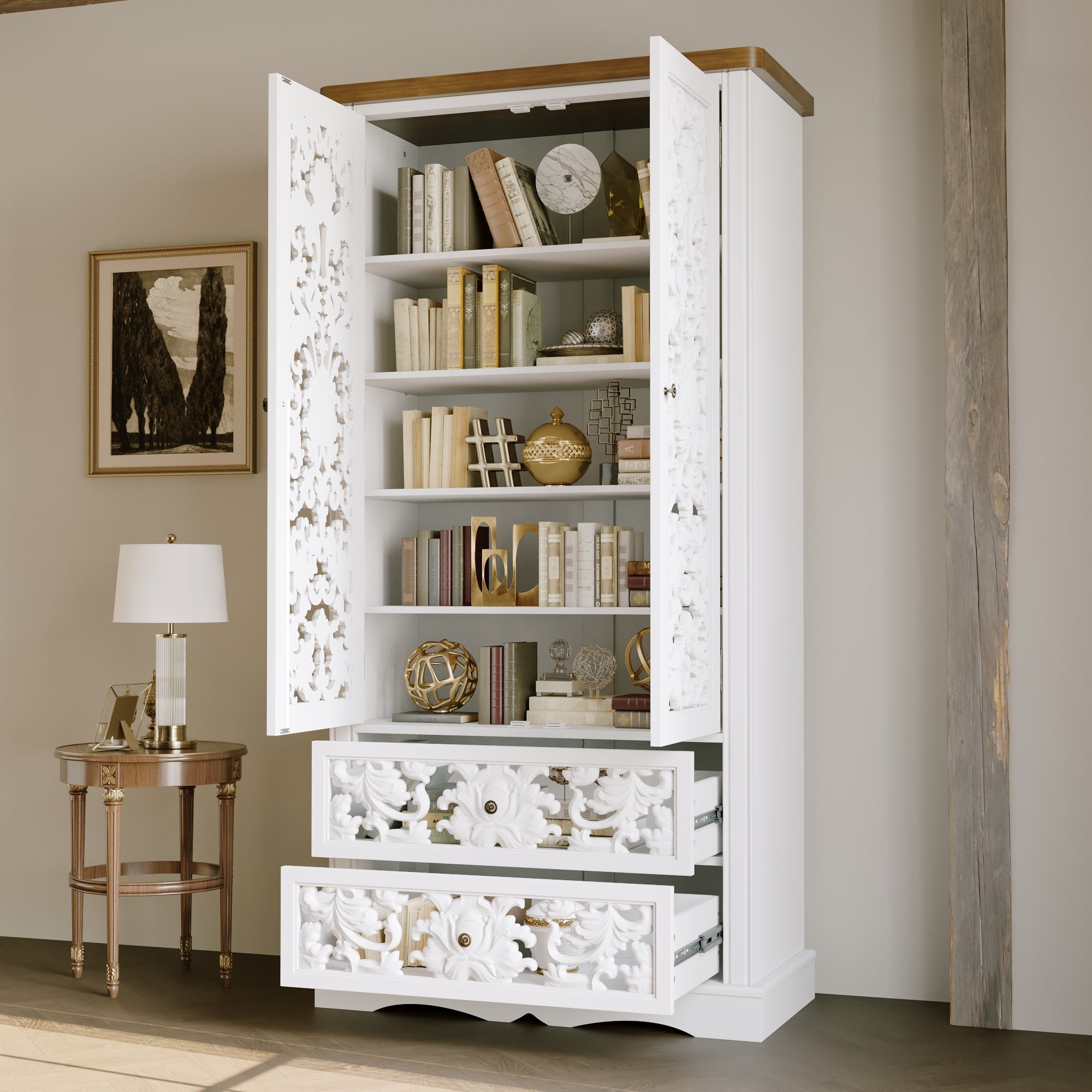 Dining room with a white ornate cabinet and wooden table
