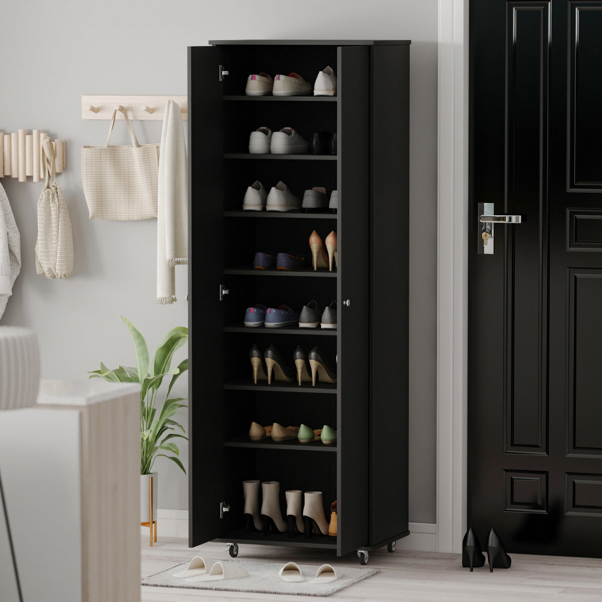 Large Shoe Cabinet with 2 Doors and Wheels 8-Tier Storage Shelves Wood Shoe Organizer Storage Cabinet