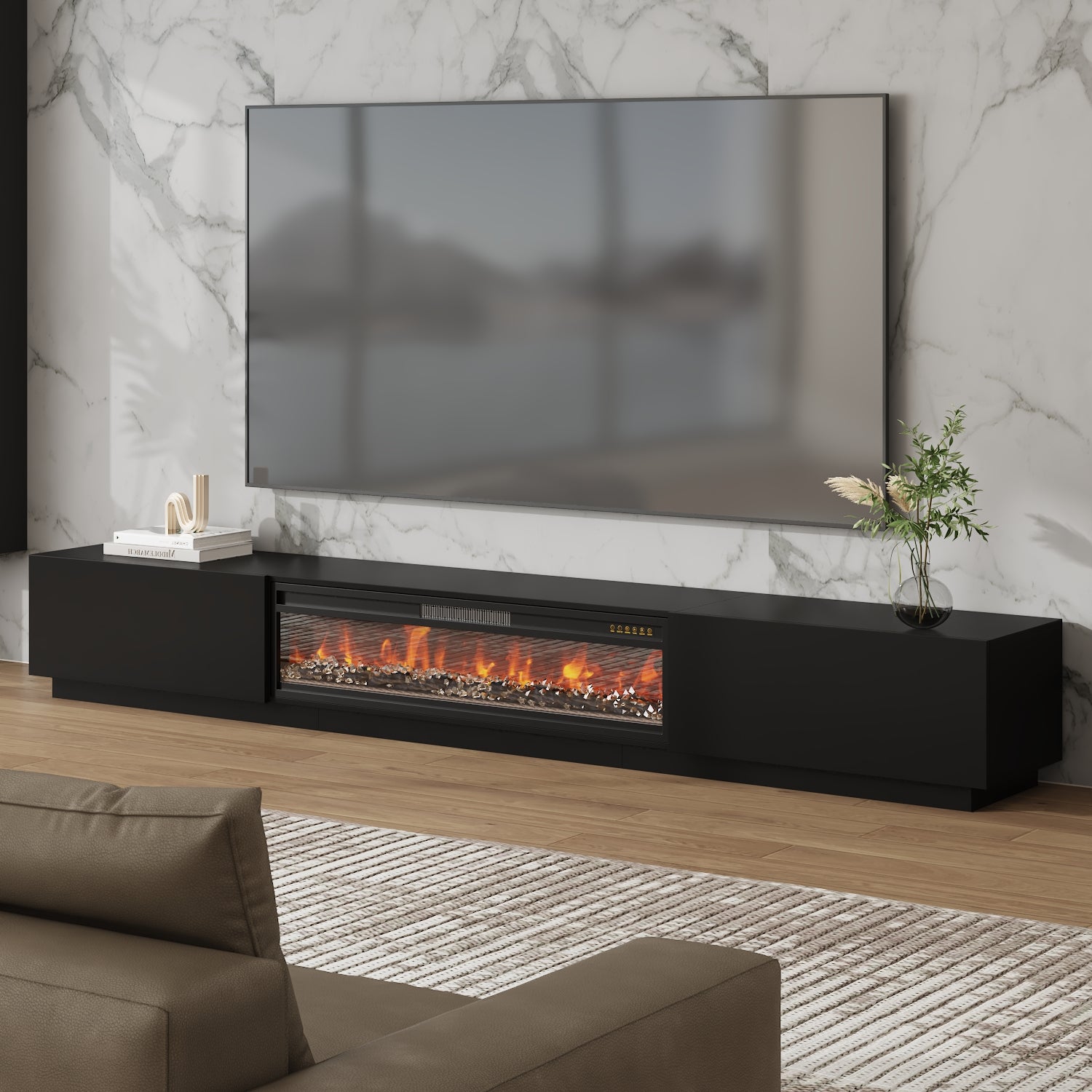 109'' W 2-Drawer TV Stand Media Console With Electric Fireplace Heater