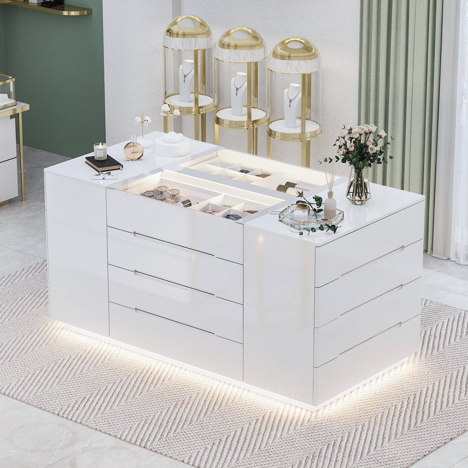 Modern white jewelry display cabinet with gold accents in a room setting.
