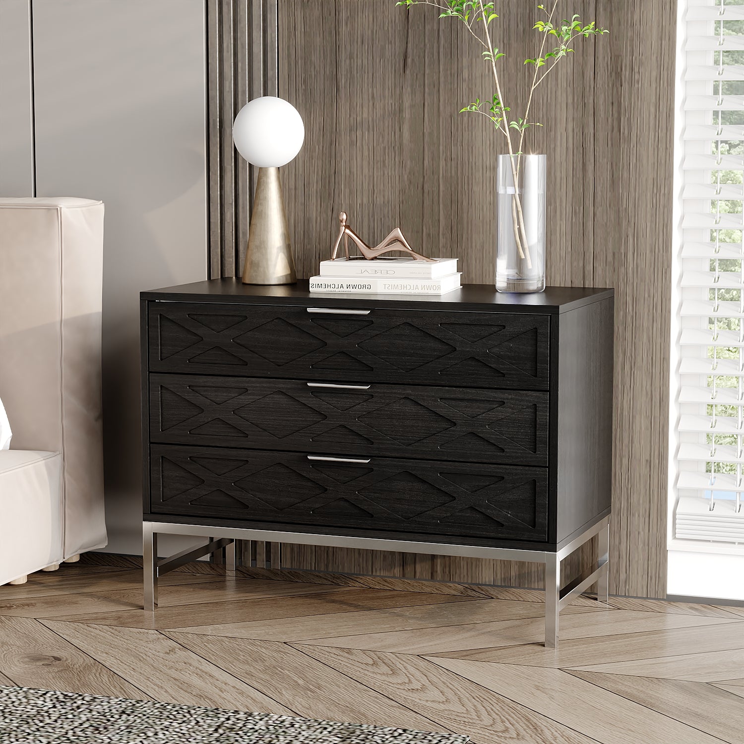 3-Drawer Nightstand With Metal Legs