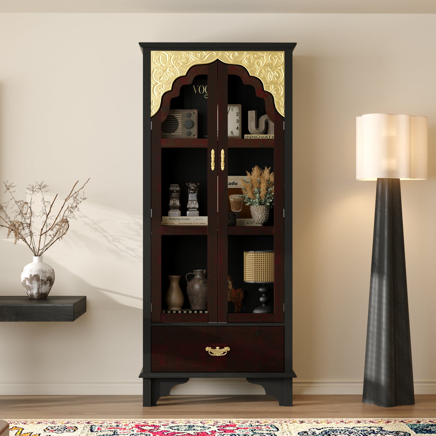 Mid-Century Bookcase with Drawers and Glass Doors
