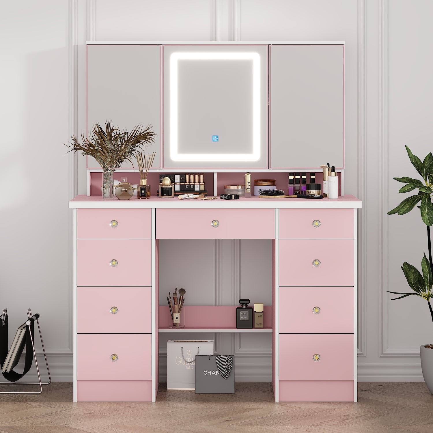 43.3 inches Modern Minimalist white/black Makeup Dressing Table with Mirror And Lamp