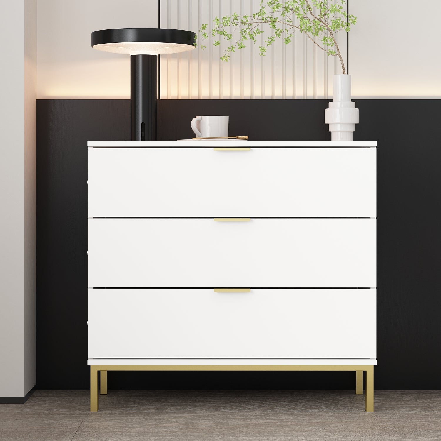 Vertical Chest 3-Drawer Nightstand Dresser Storage Sideboard with Metal Legs for Bedroom