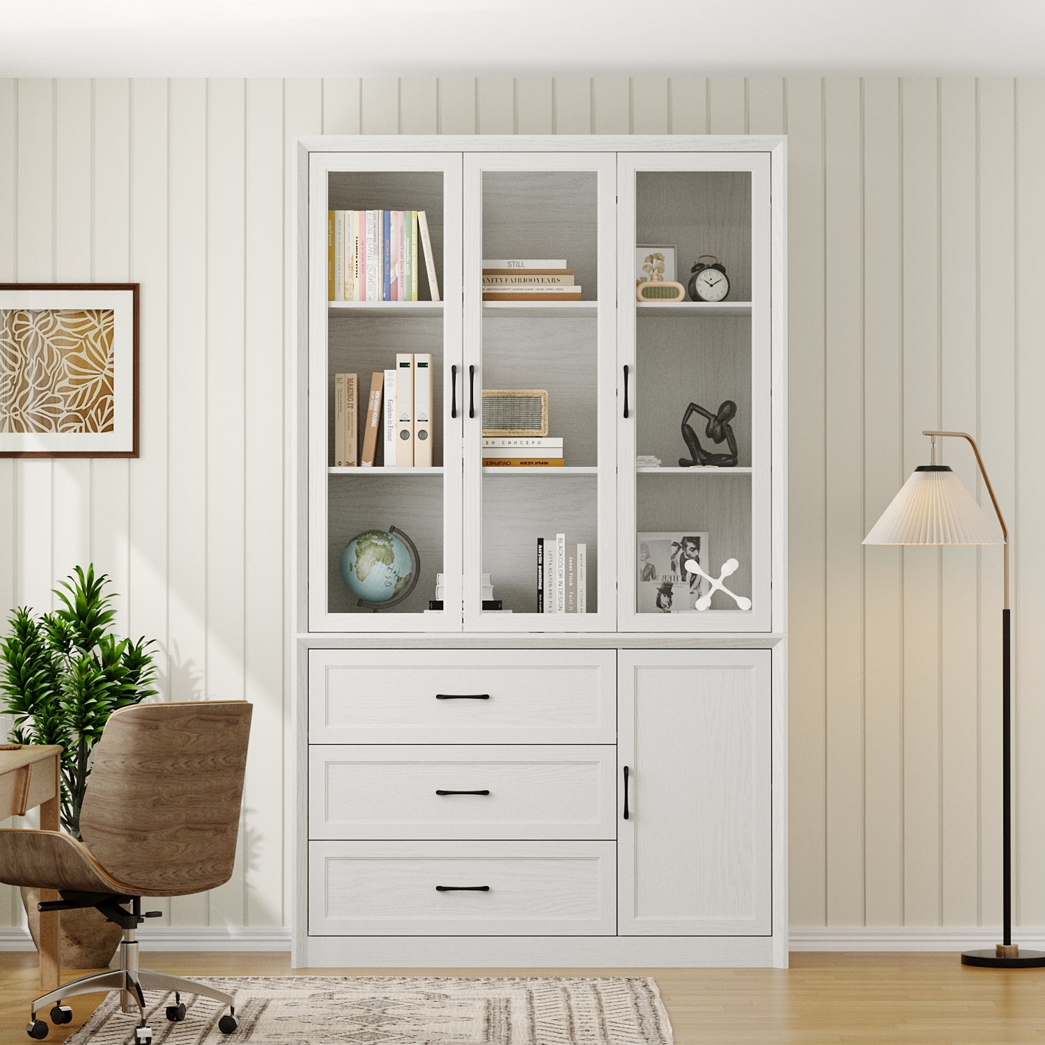 80'' H X 47.4'' W 3-Drawer Display Bookcase With Glass Doors