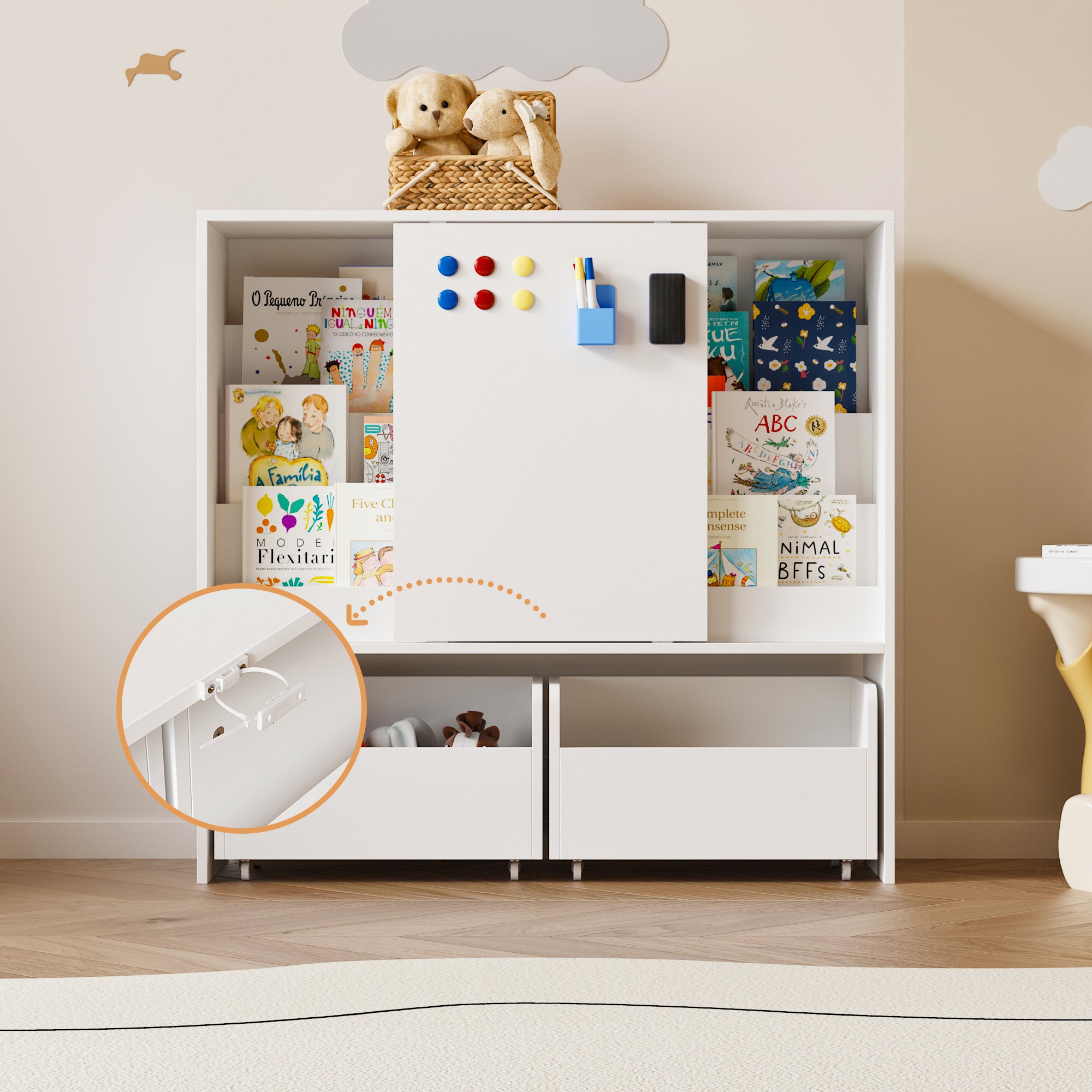 39.4 inch Modern White Kids Bookcase with Magnetic Whiteboard Doors