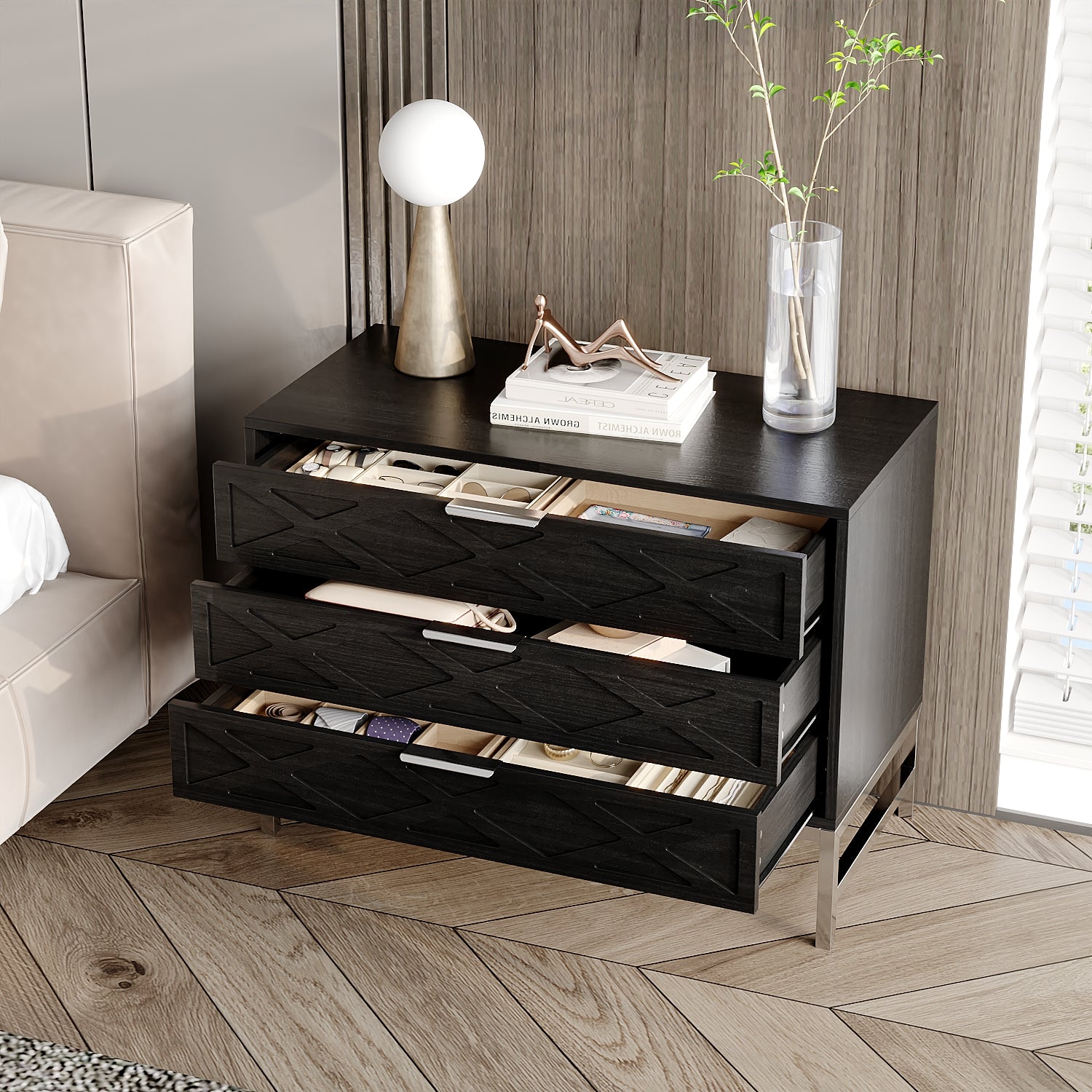 3-Drawer Nightstand With Metal Legs