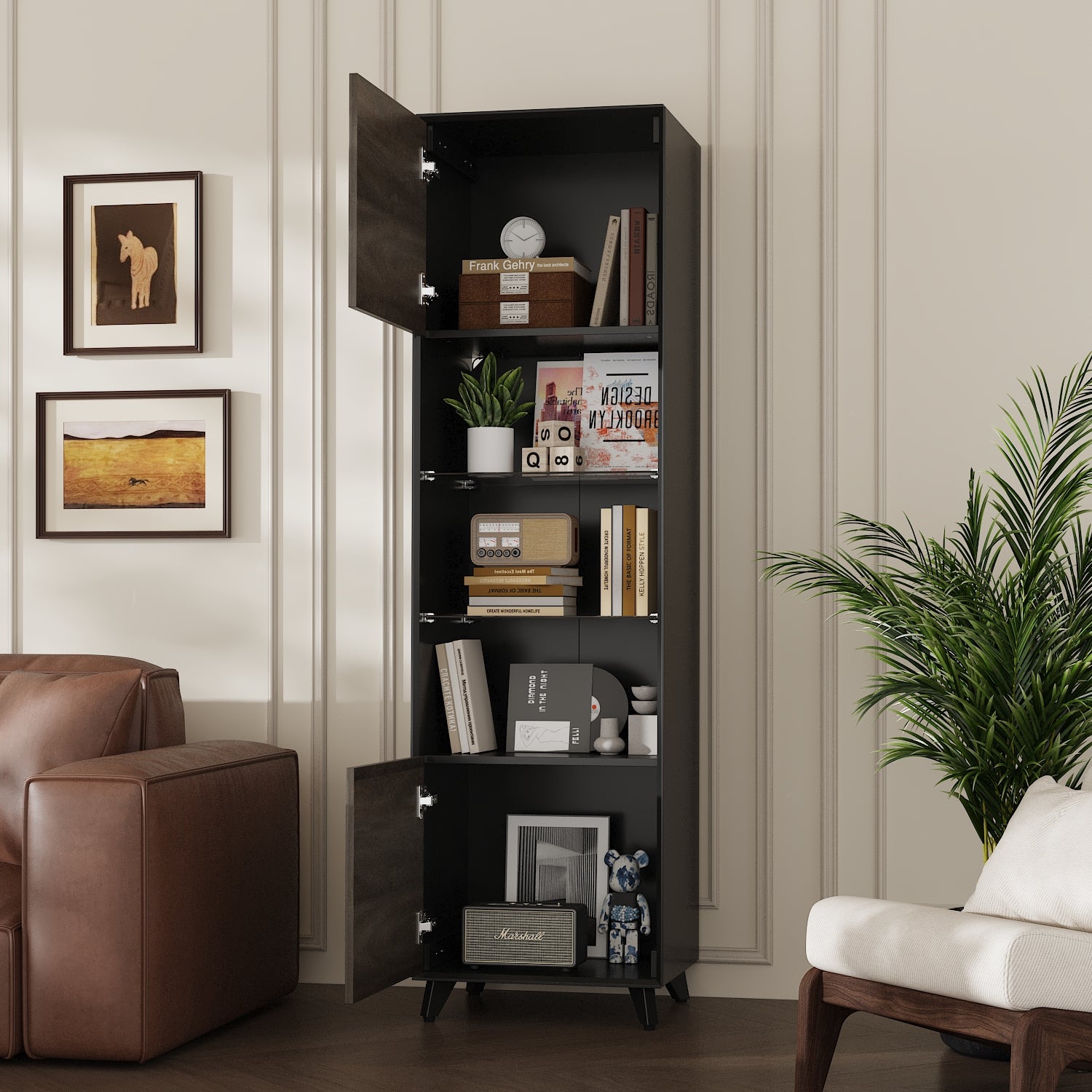 67'' Modern Tall Bookcase With Dual Cabinets, Glass Shelves & 3-Color LED Light Strips