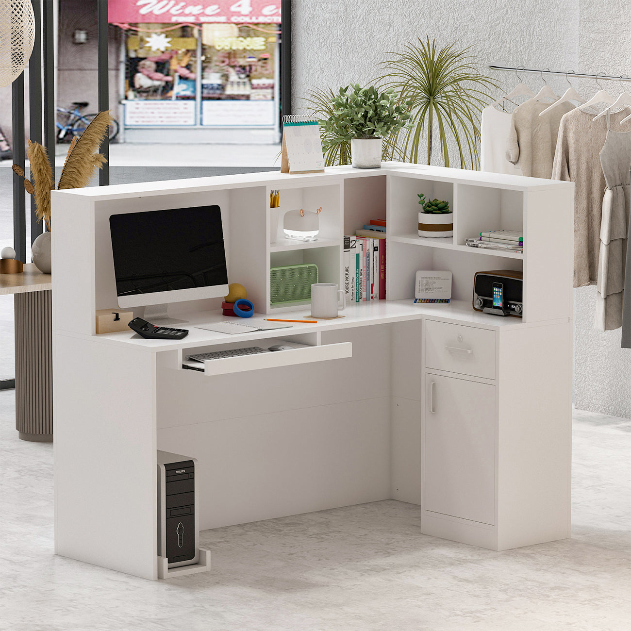 L-Shaped Reception Desk with Large Storage Filing Cabinets