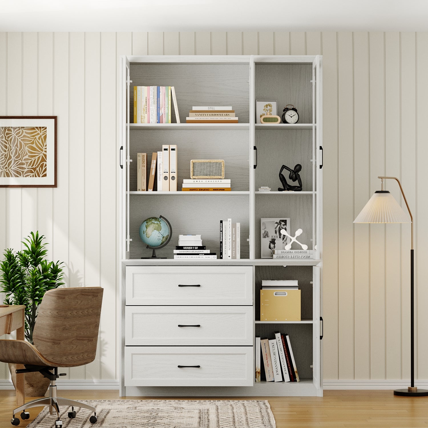 80'' H X 47.4'' W 3-Drawer Display Bookcase With Glass Doors