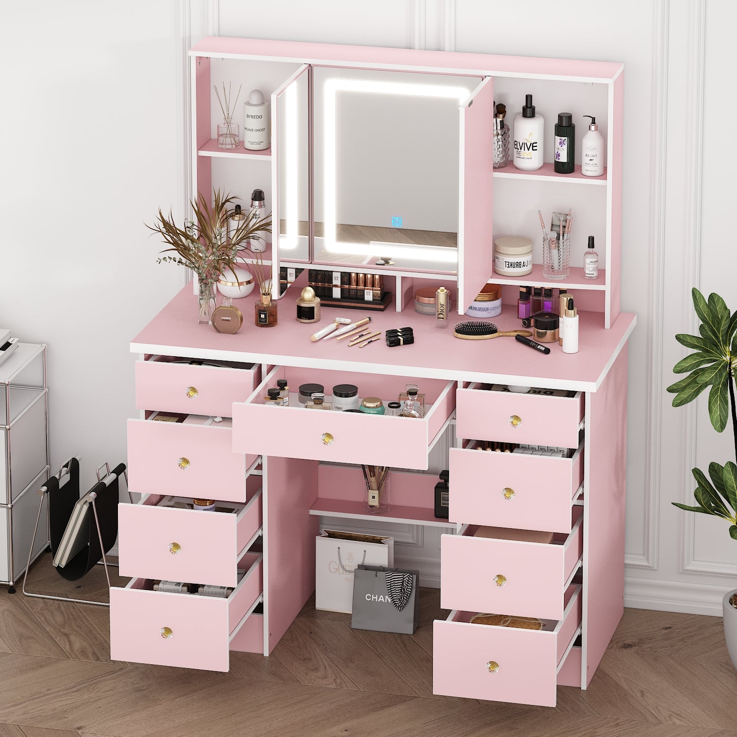 43.3 inches Modern Minimalist white/black Makeup Dressing Table with Mirror And Lamp