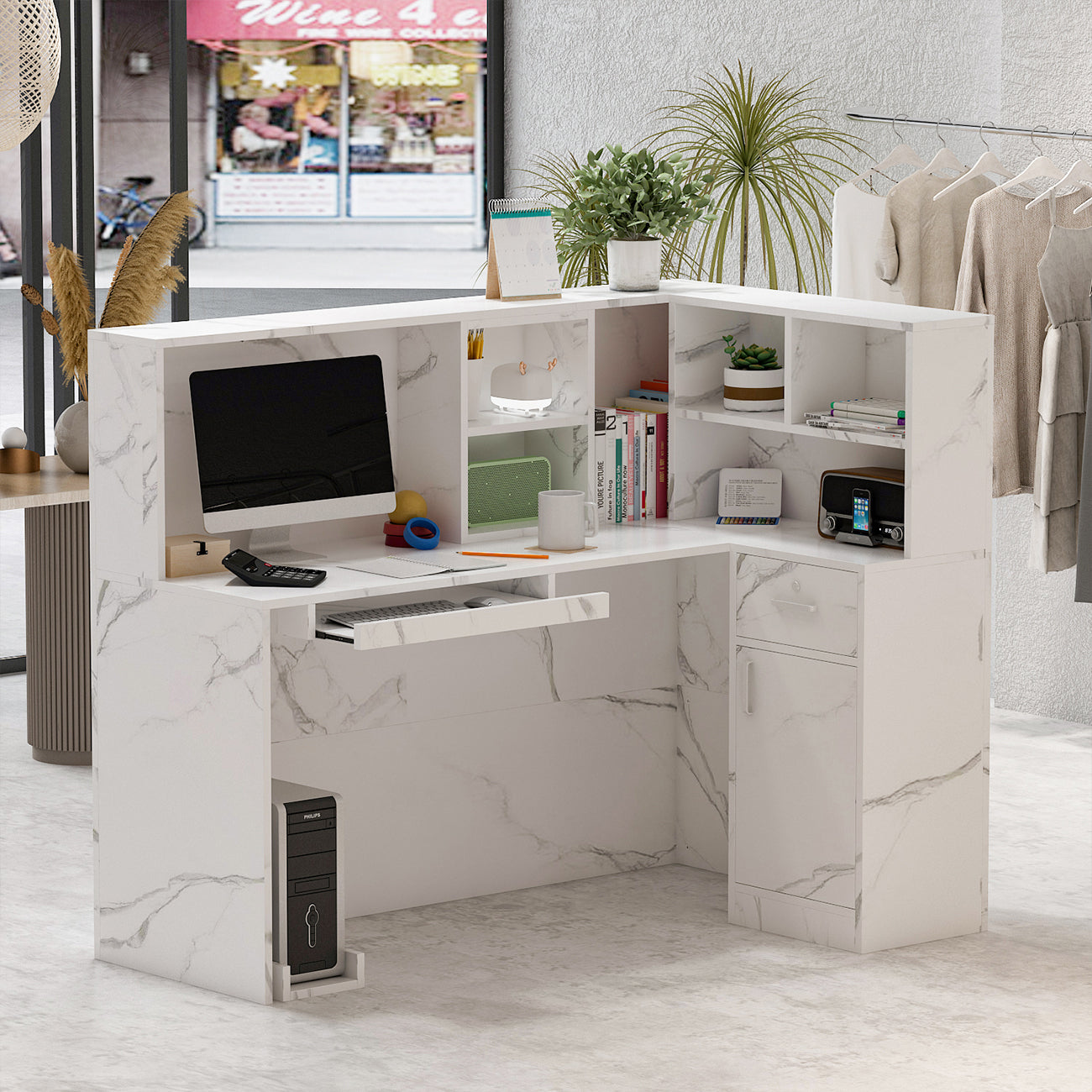 L-Shaped Reception Desk with Large Storage Filing Cabinets