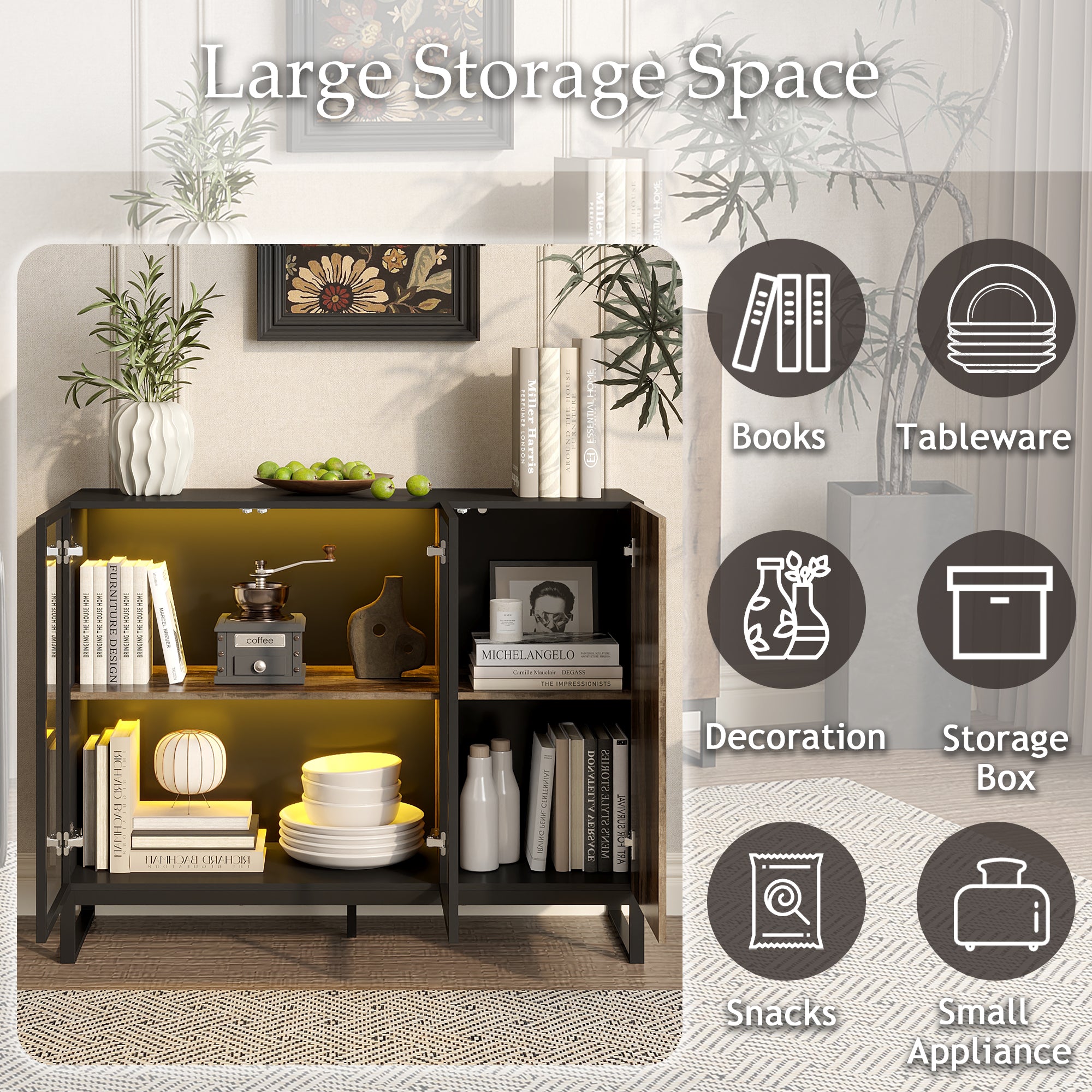 47.2" W Sideboard Cabinet Buffet With Glass Door And Light