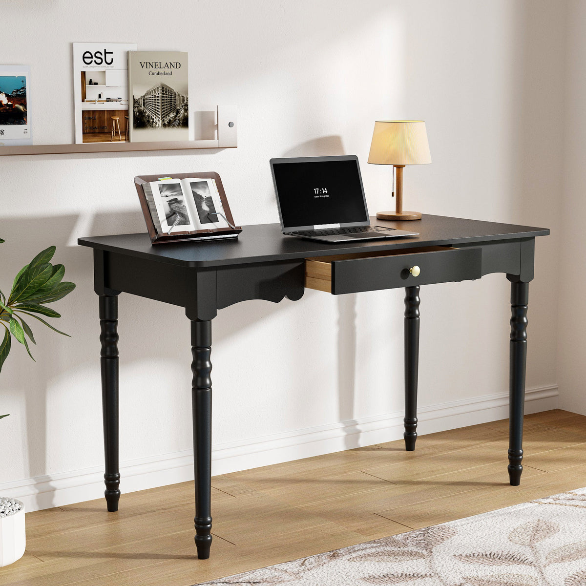 47.2 inches Modern Black Rectangle Writing Desk with Drawer and Alien Shaped Design