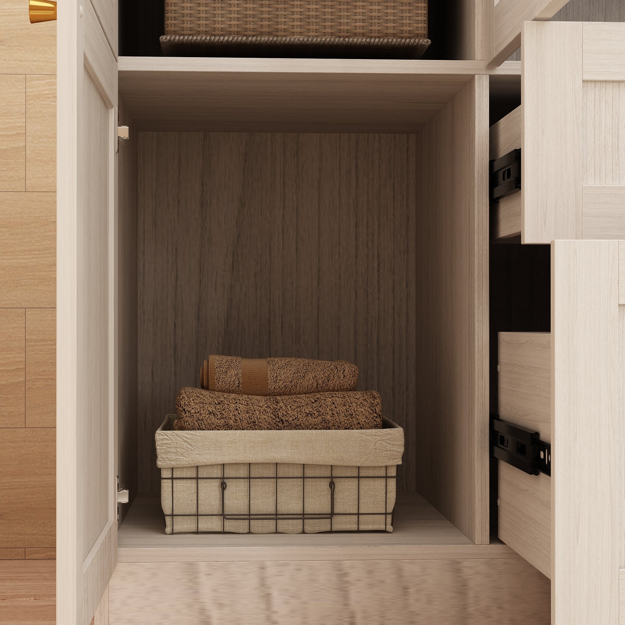 Modern Scandinavian Wardrobe With Frosted Glass Doors And Brass Accents – Spacious Storage Solution With Adjustable Shelves And Drawers