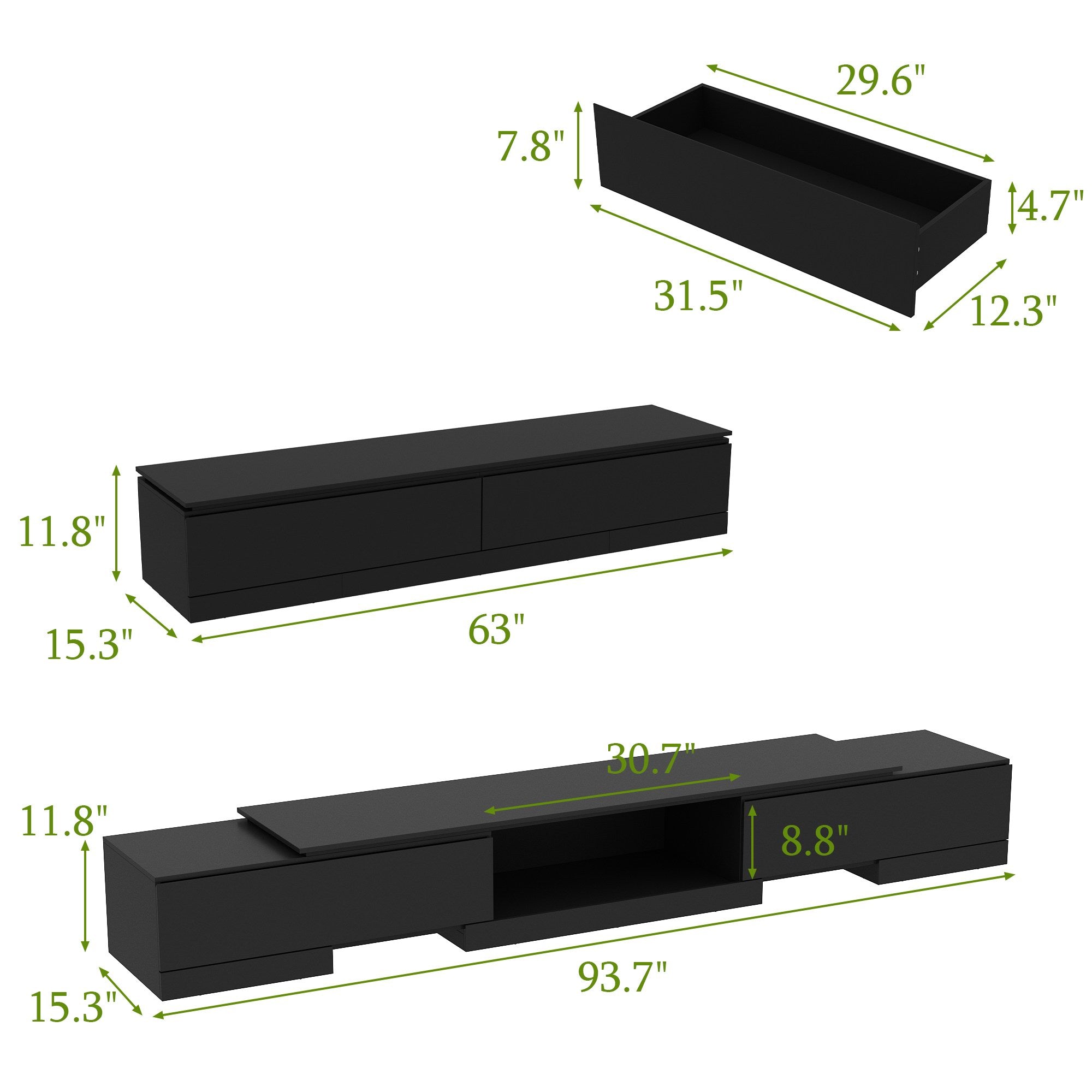 63'' W To 93.7'' W 2-Drawer Extendable TV Stand Media Center