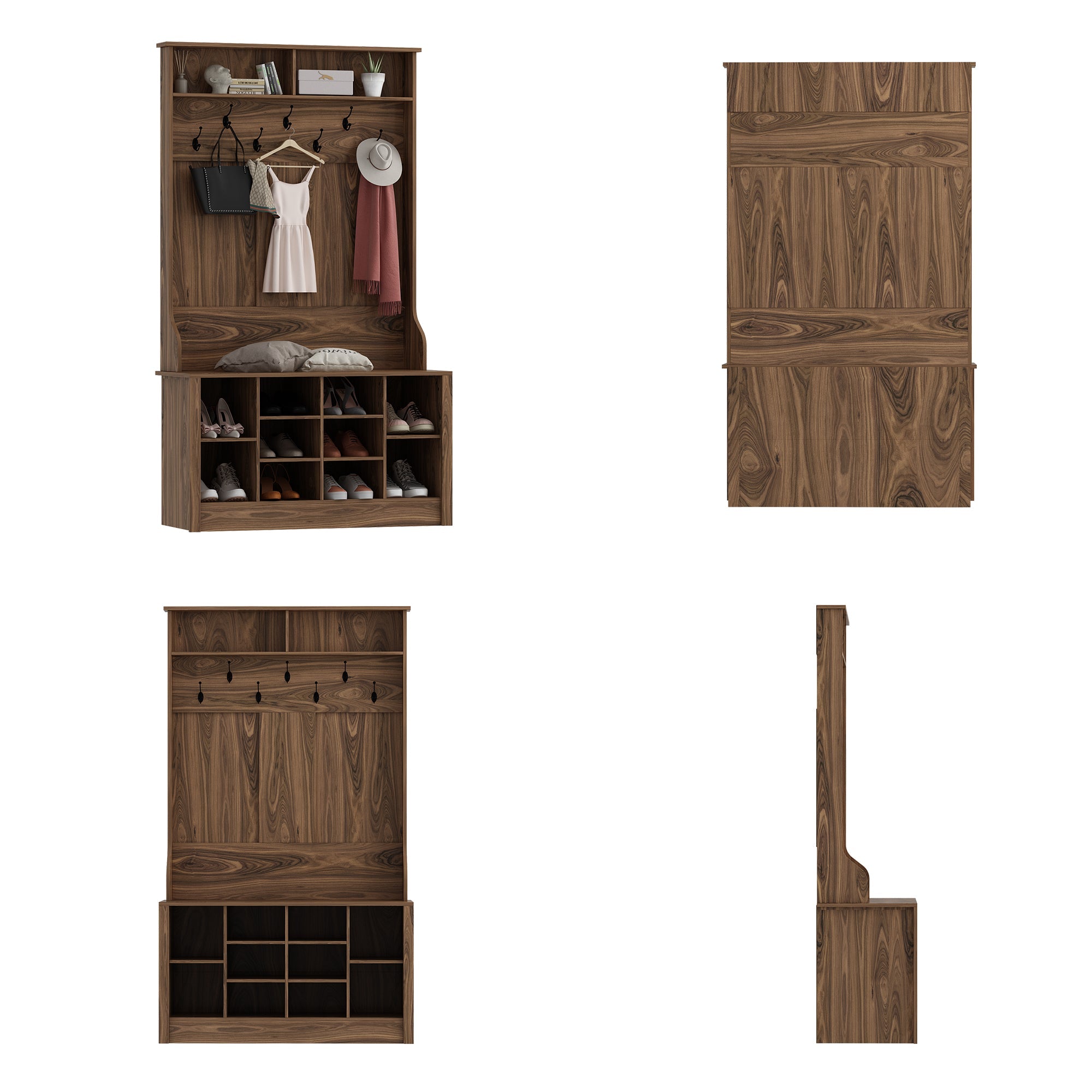 Hall Tree Shoe Storage Rack Bench Cabinet with Hooks for Entryway