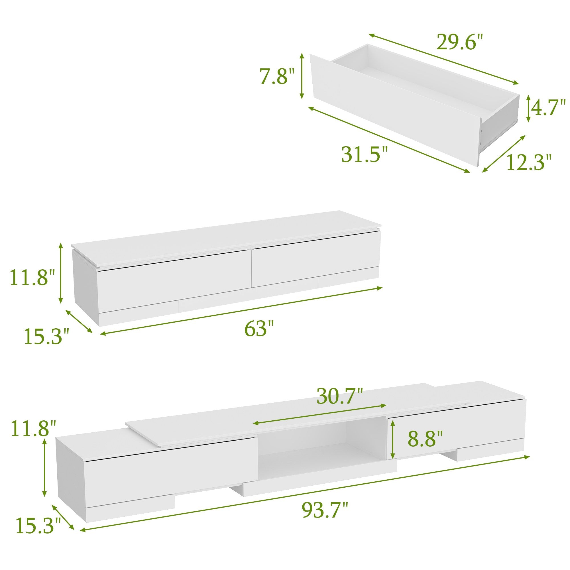 63'' W To 93.7'' W 2-Drawer Extendable TV Stand Media Center