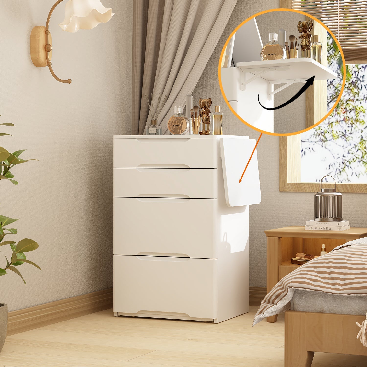 Makeup Vanity Table With Flip Top Desktop, LED Lighted, Storage Makeup Stool, Side Shelves