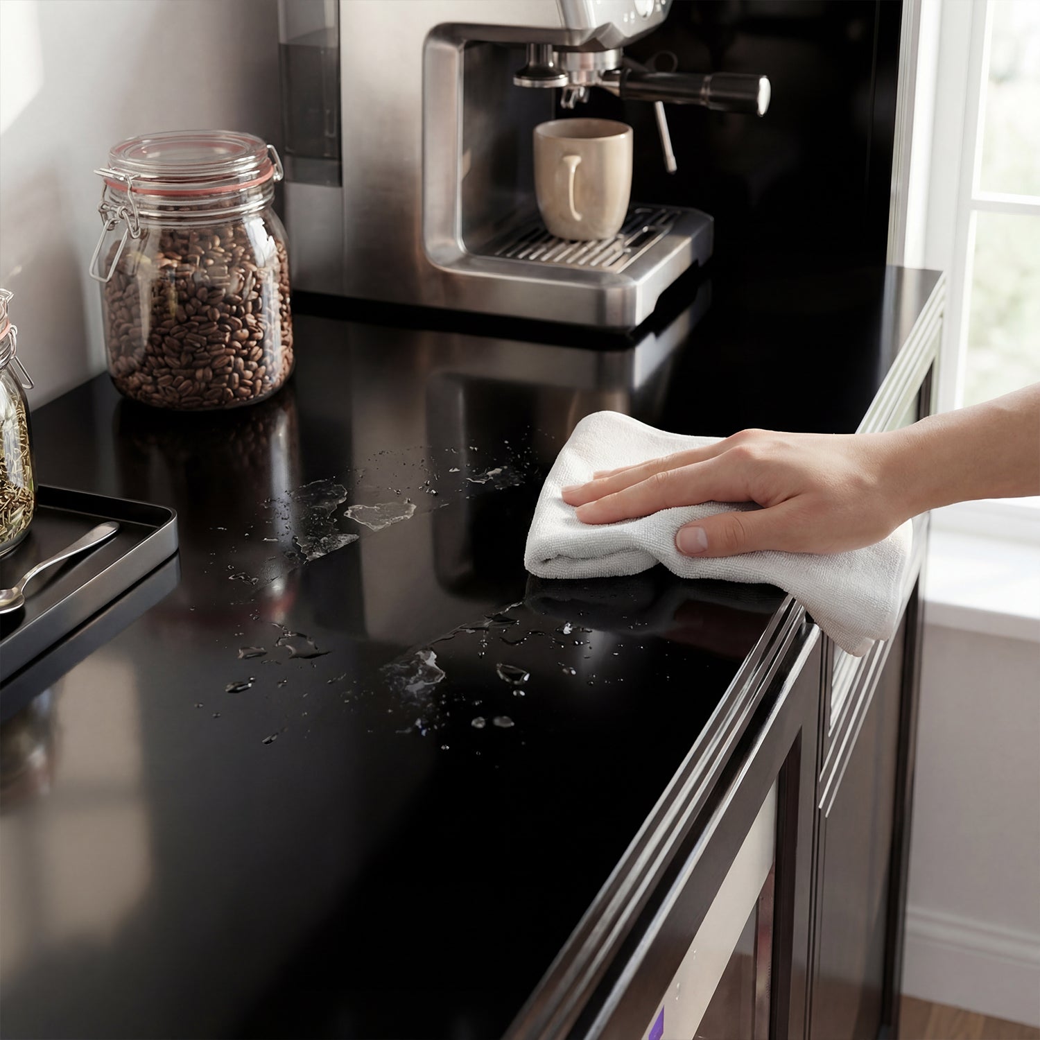 Person cleaning a black kitchen counter with a white cloth, next to a coffee machine and jar of coffee beans.
