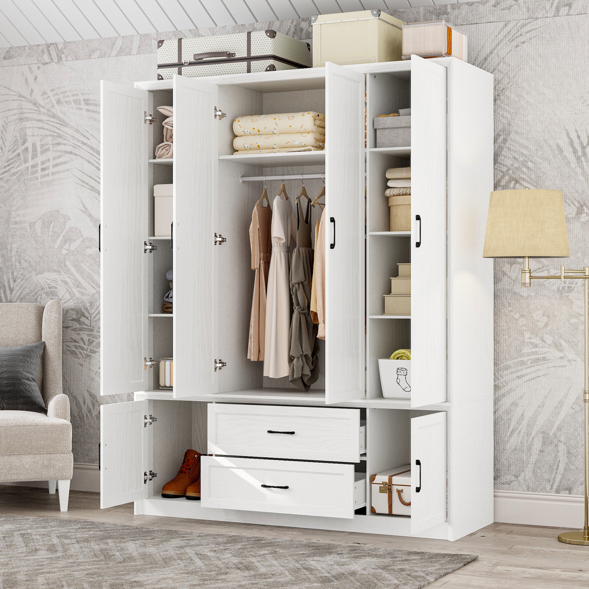 62" Wide 6 Doors 2 Drawers Wood Grain Wardrobe Armoire