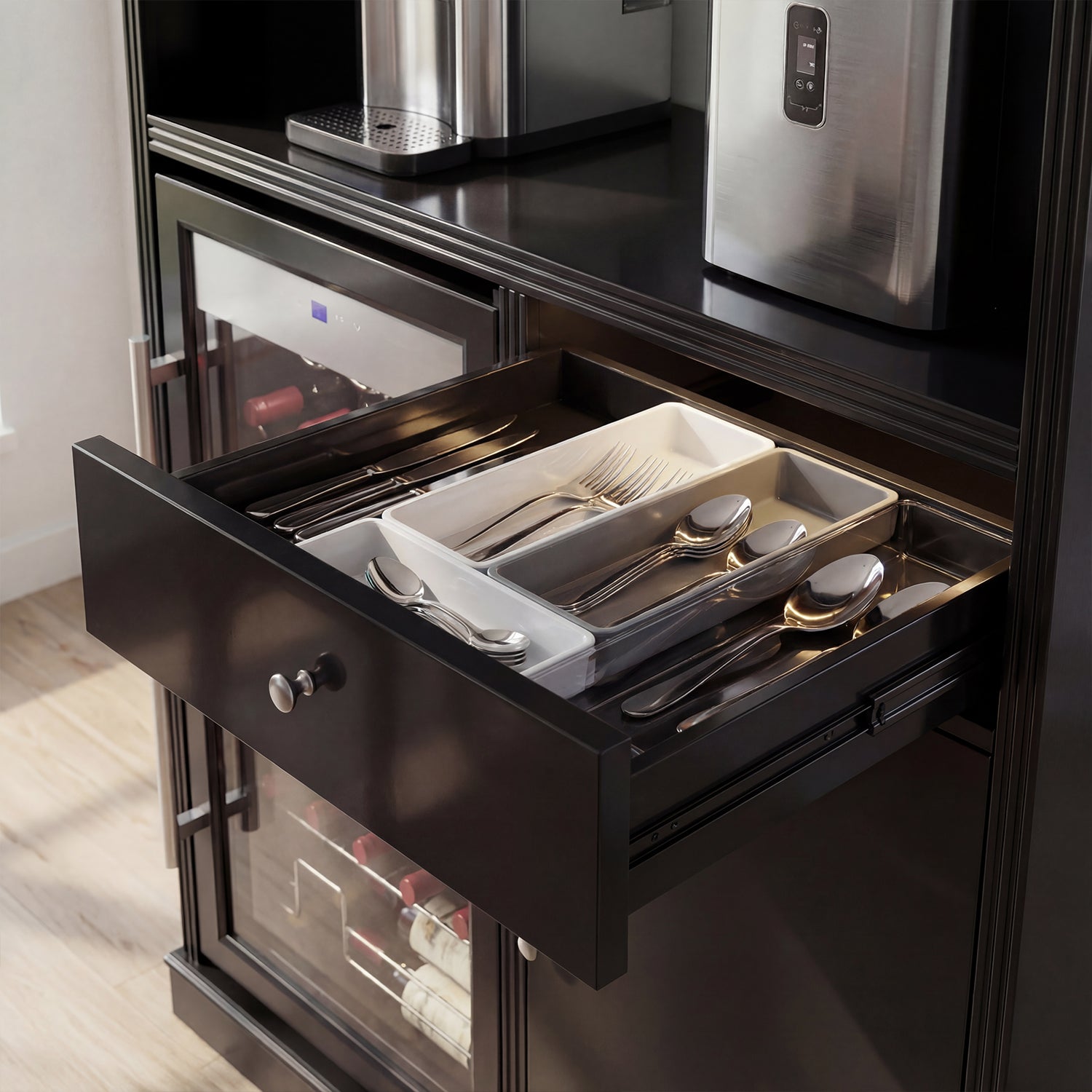 Open drawer with cutlery in a kitchen setting