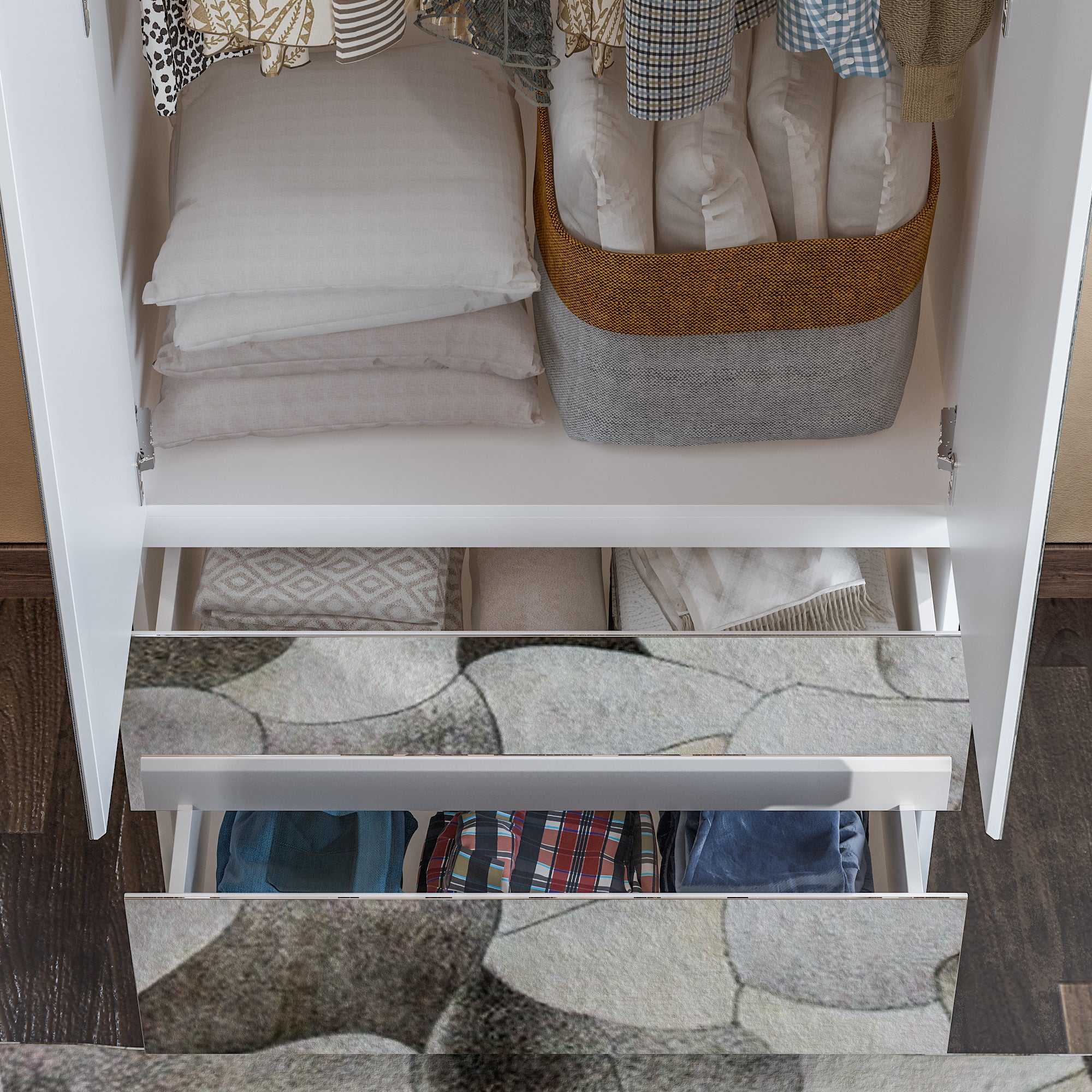 Modern Full-Length Mirrored Wardrobe With Multiple Drawers And Adjustable Shelving