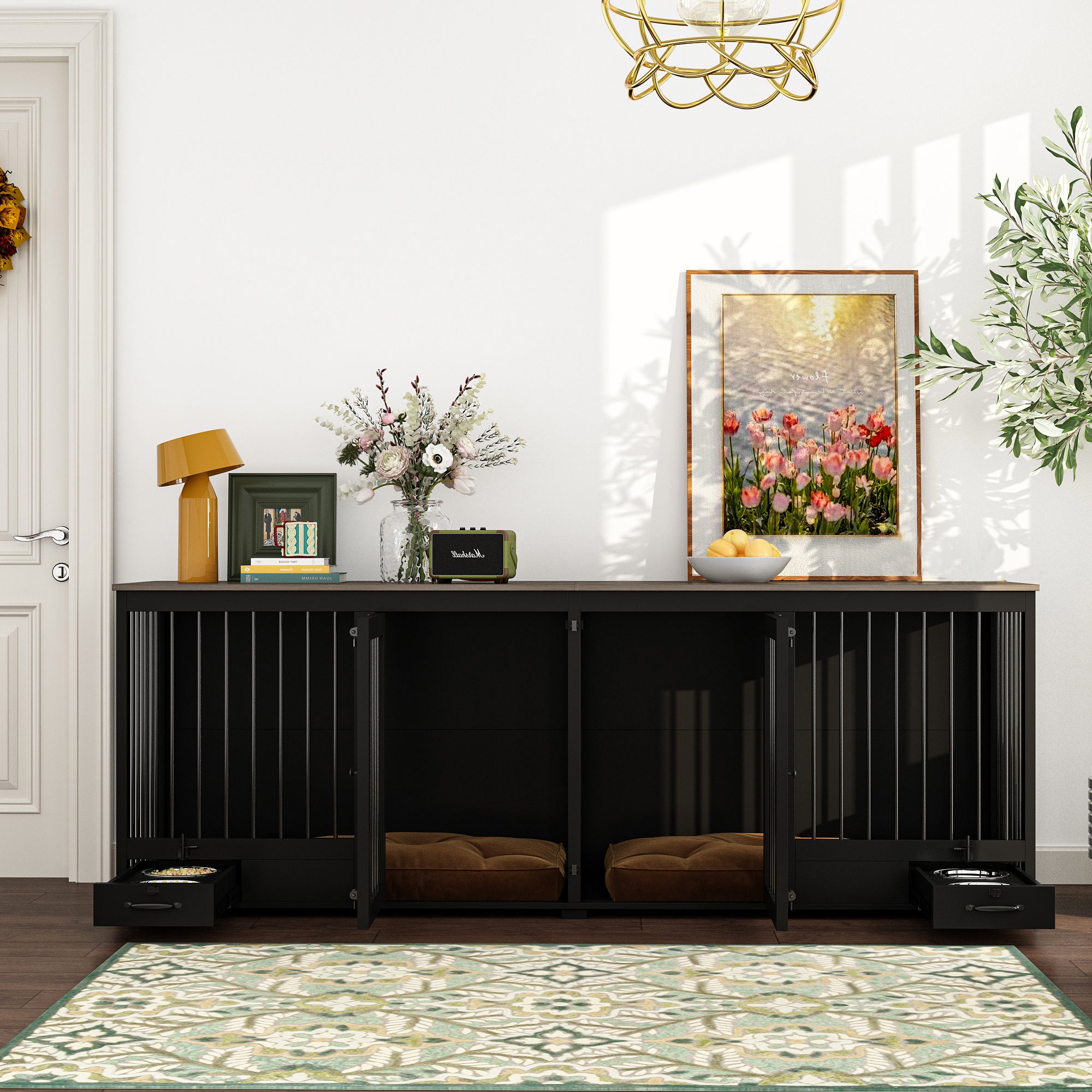 Large Dog Crate Furniture With Pull-Out Dog Bowls And Divider