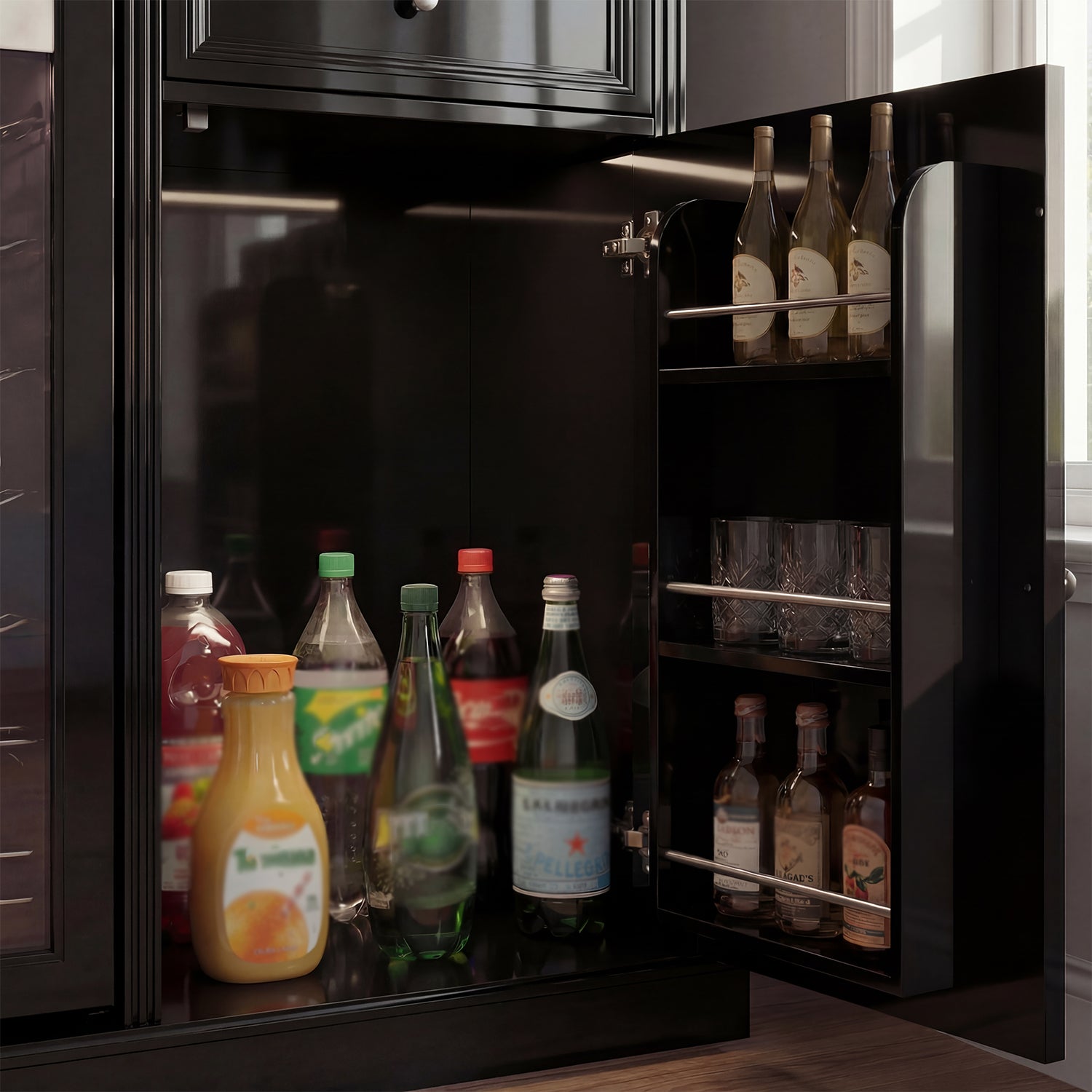 Open black cabinet with drinks and glasses inside