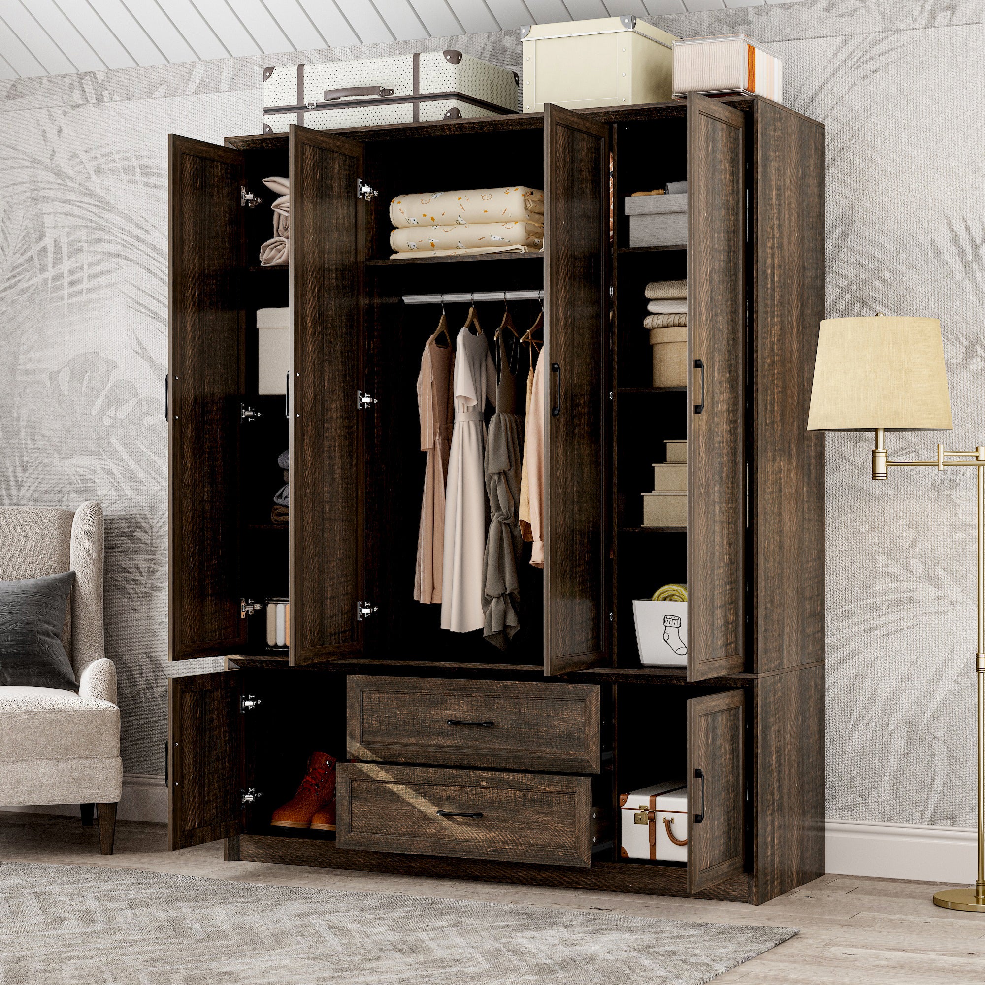 62" Wide 6 Doors 2 Drawers Wood Grain Wardrobe Armoire