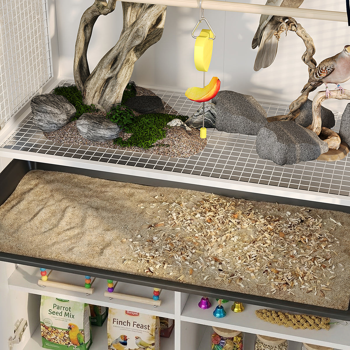 Bird cage with perches, toys, and food supplies on a white background