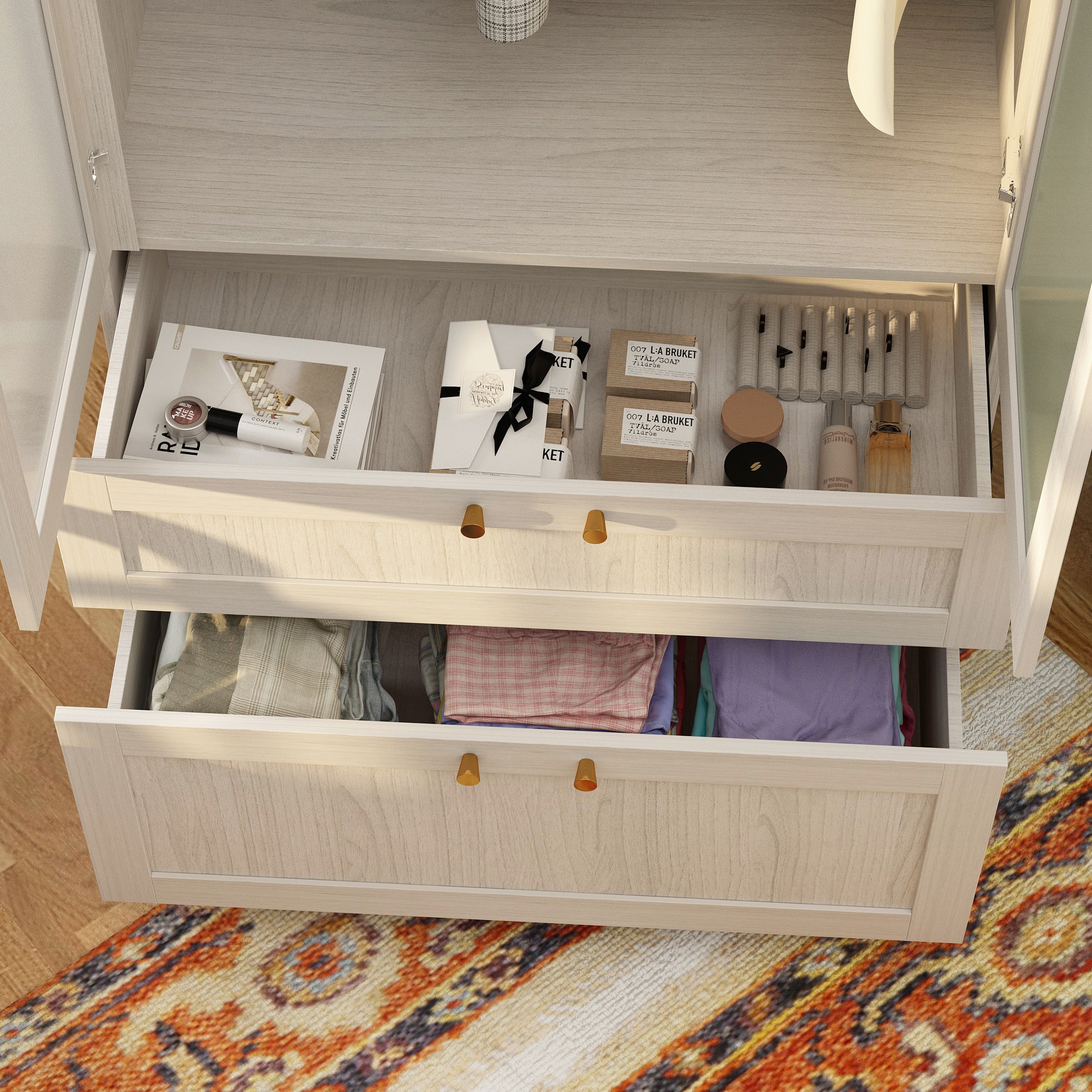 Modern White Wardrobe With Frosted Glass Doors, Two Drawers, And Hanging Rail – Spacious Storage Solution For Bedrooms