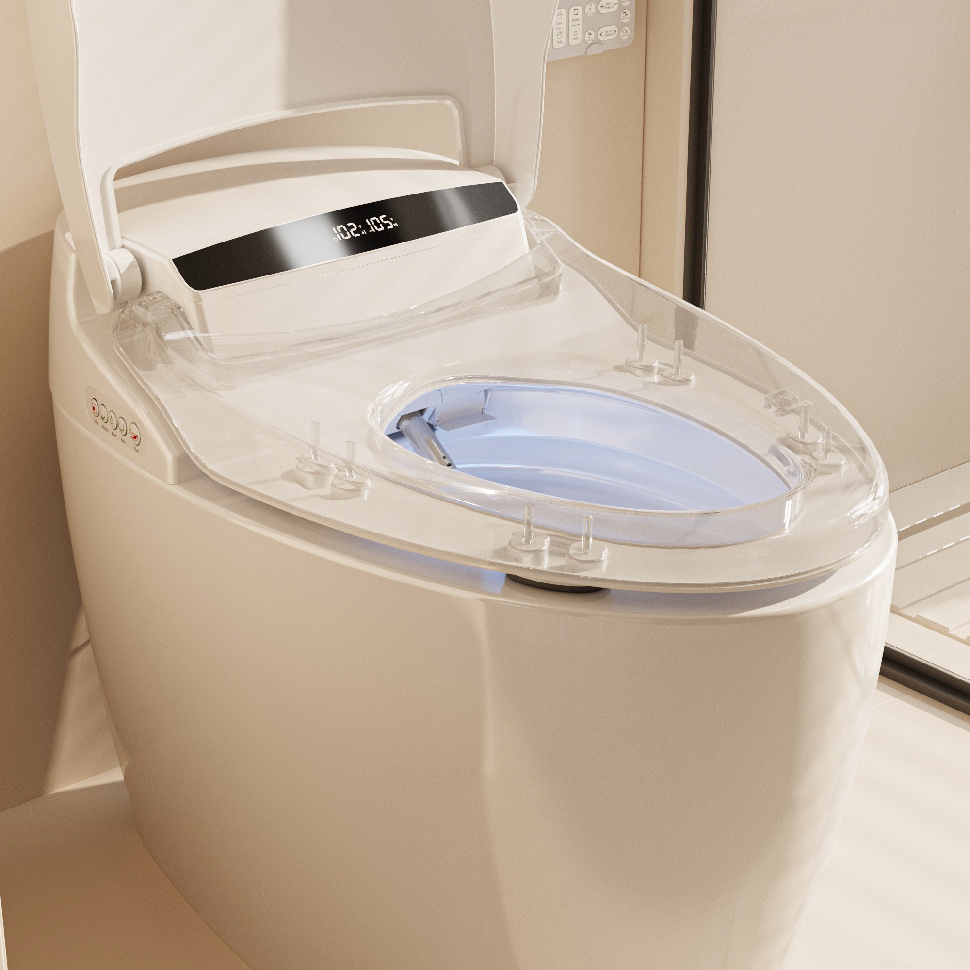 White smart toilet with closed lid, digital display, and built-in bidet