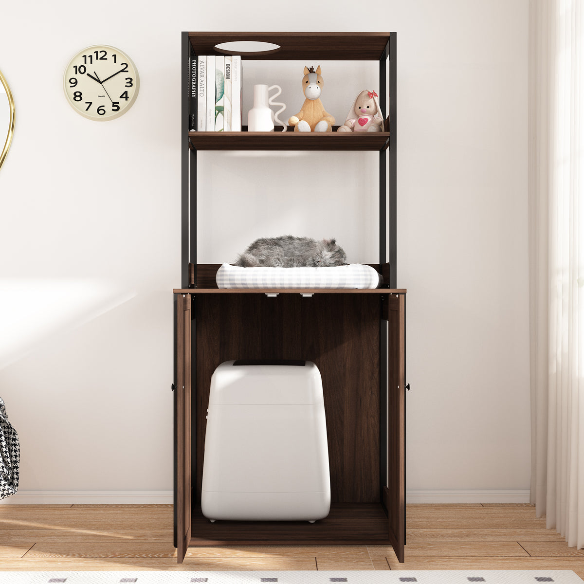 30.8 inches Walnut Wood‑Grain Cat Litter Box Enclosure with Multi‑Level Cat Perch and Storage Shelves