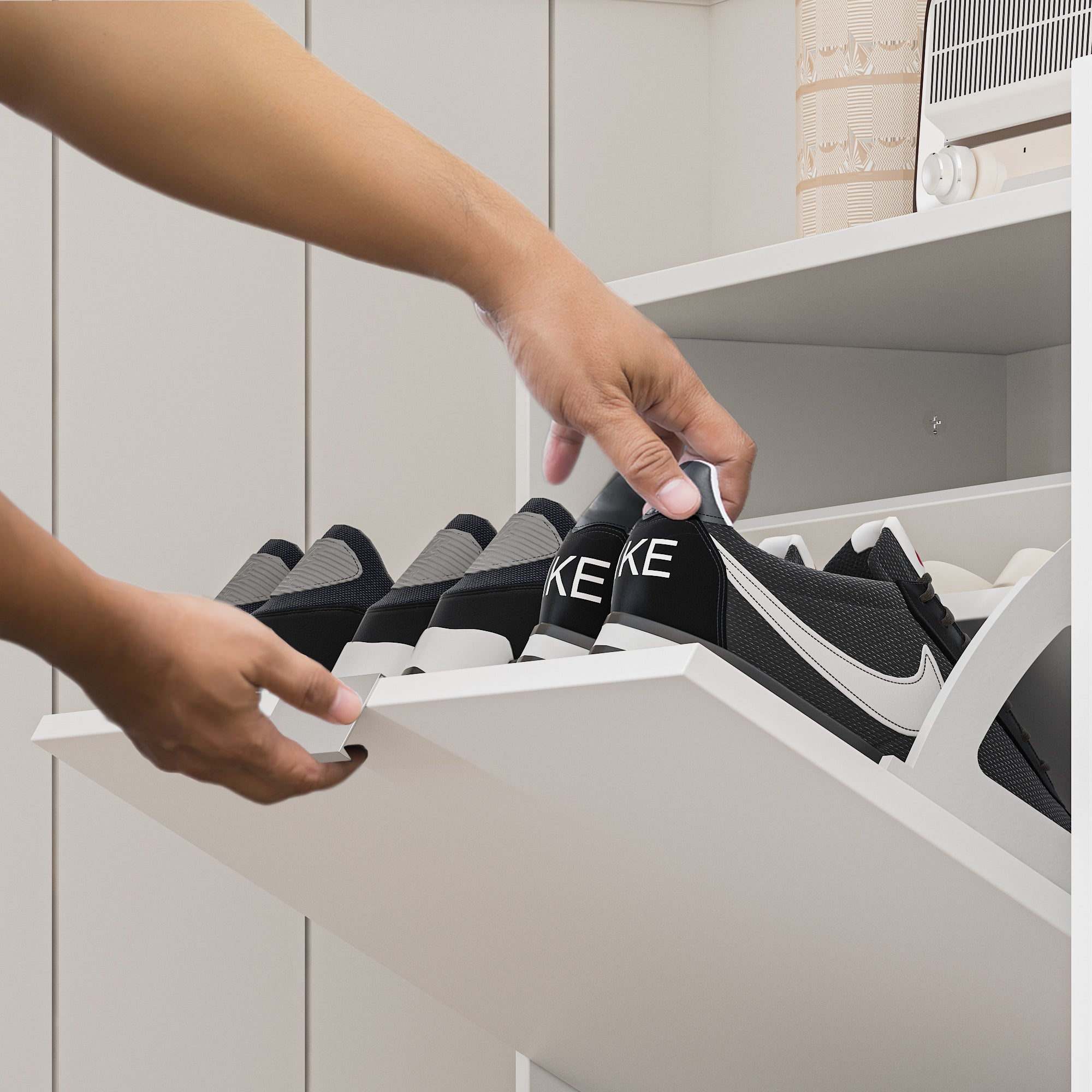 31.5 inch Modern White Flip-Down Shoe Cabinet with 3 Tiers & 28 Pair Capacity