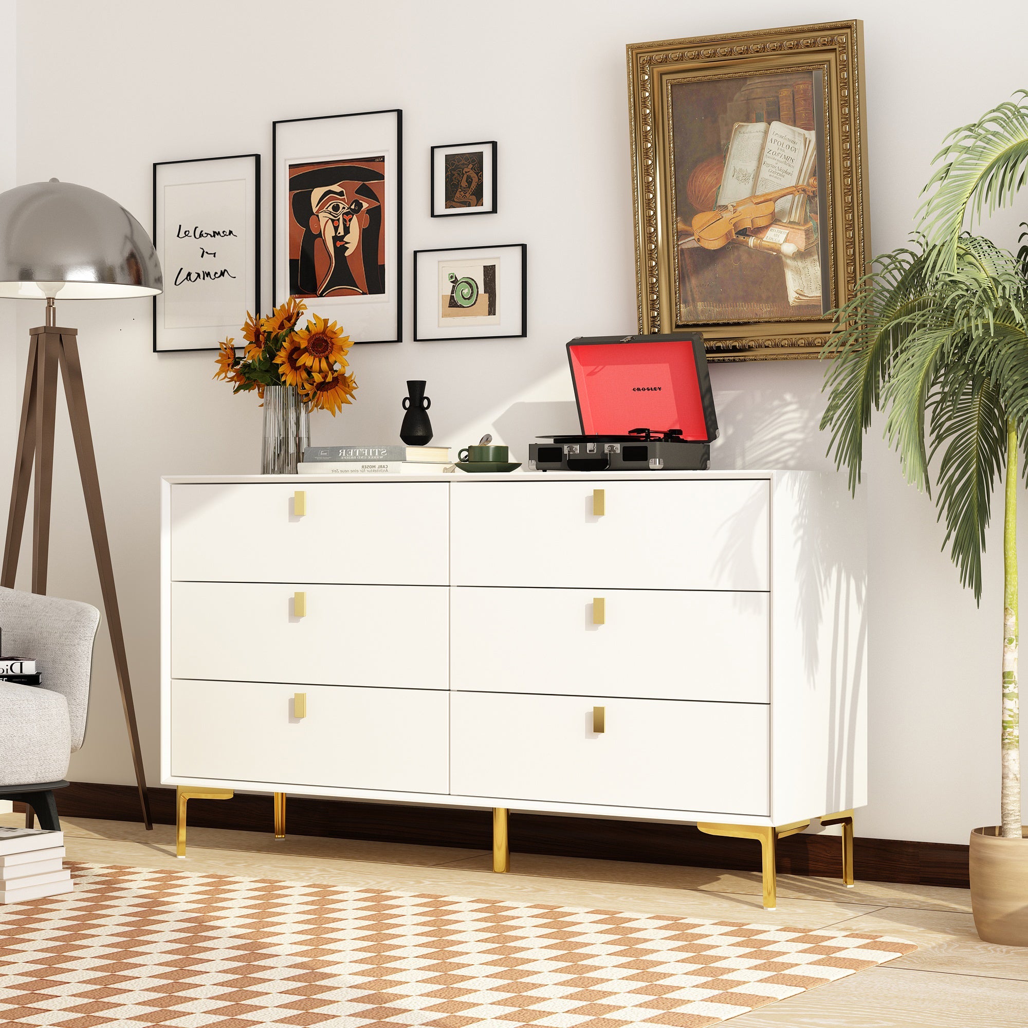 6-Drawer Dresser Buffet Sideboard for Home Storage with Metal Legs