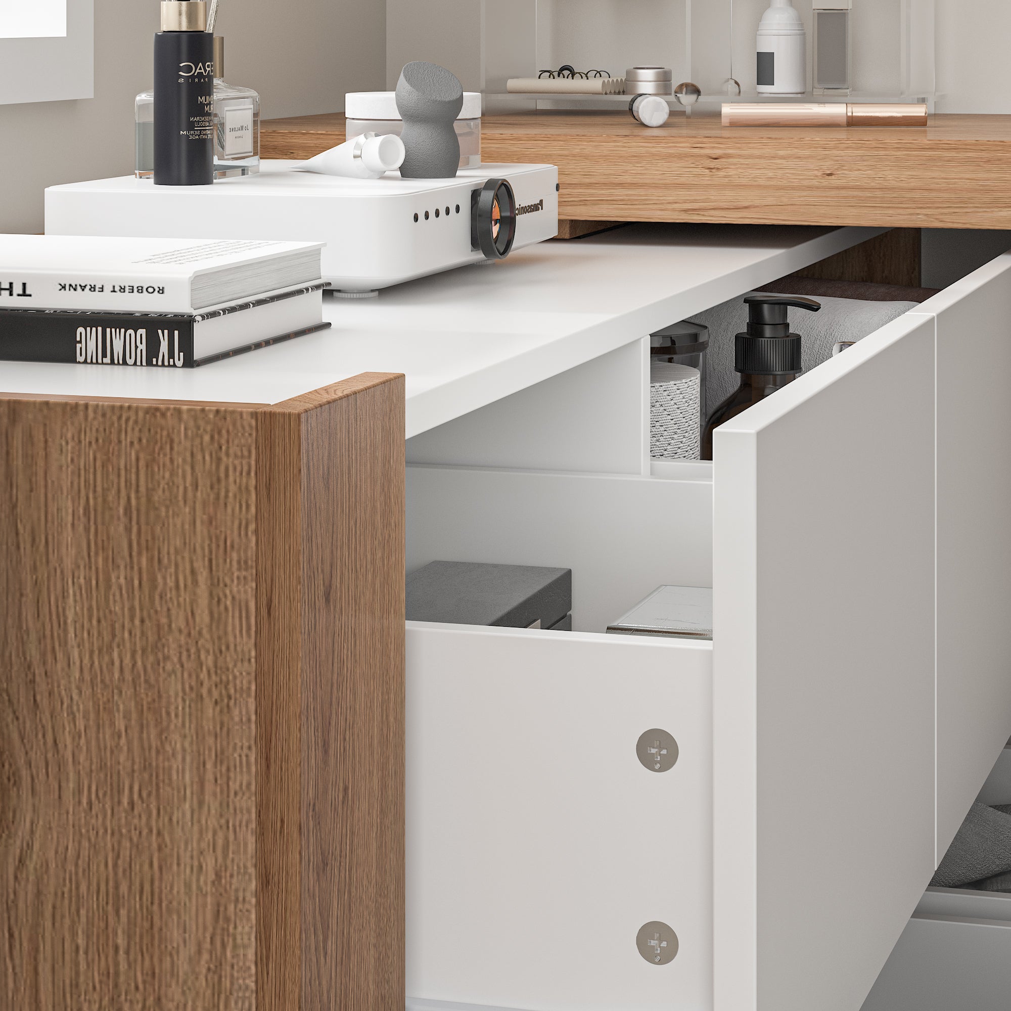 L-Shaped Modern Vanity Set with Adjustable Storage and 4 Drawer Chest