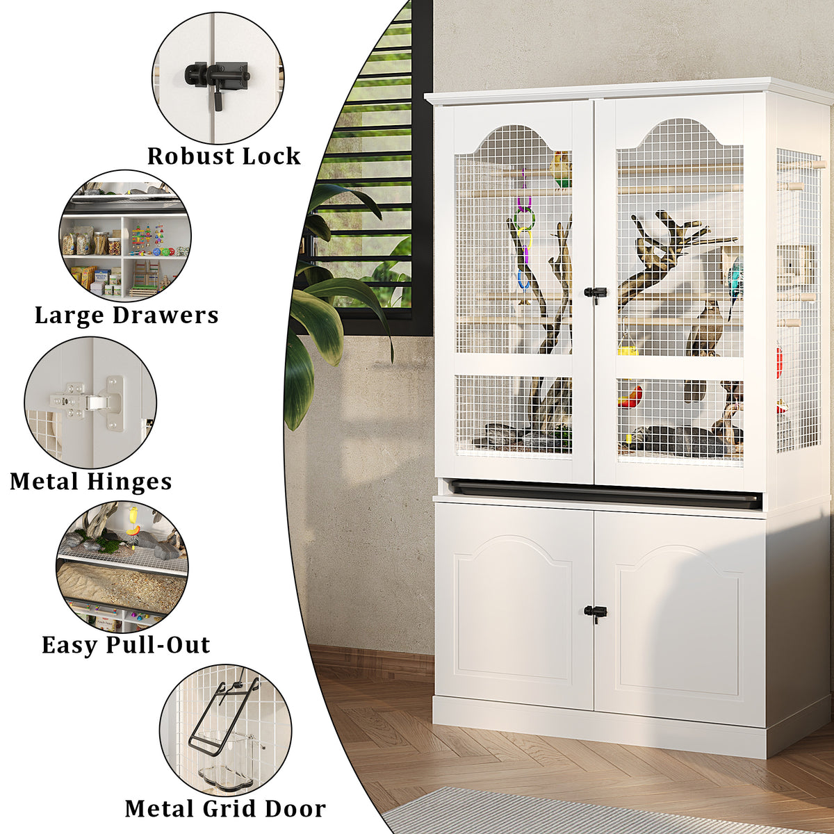 White pet cage with features highlighted on a white background