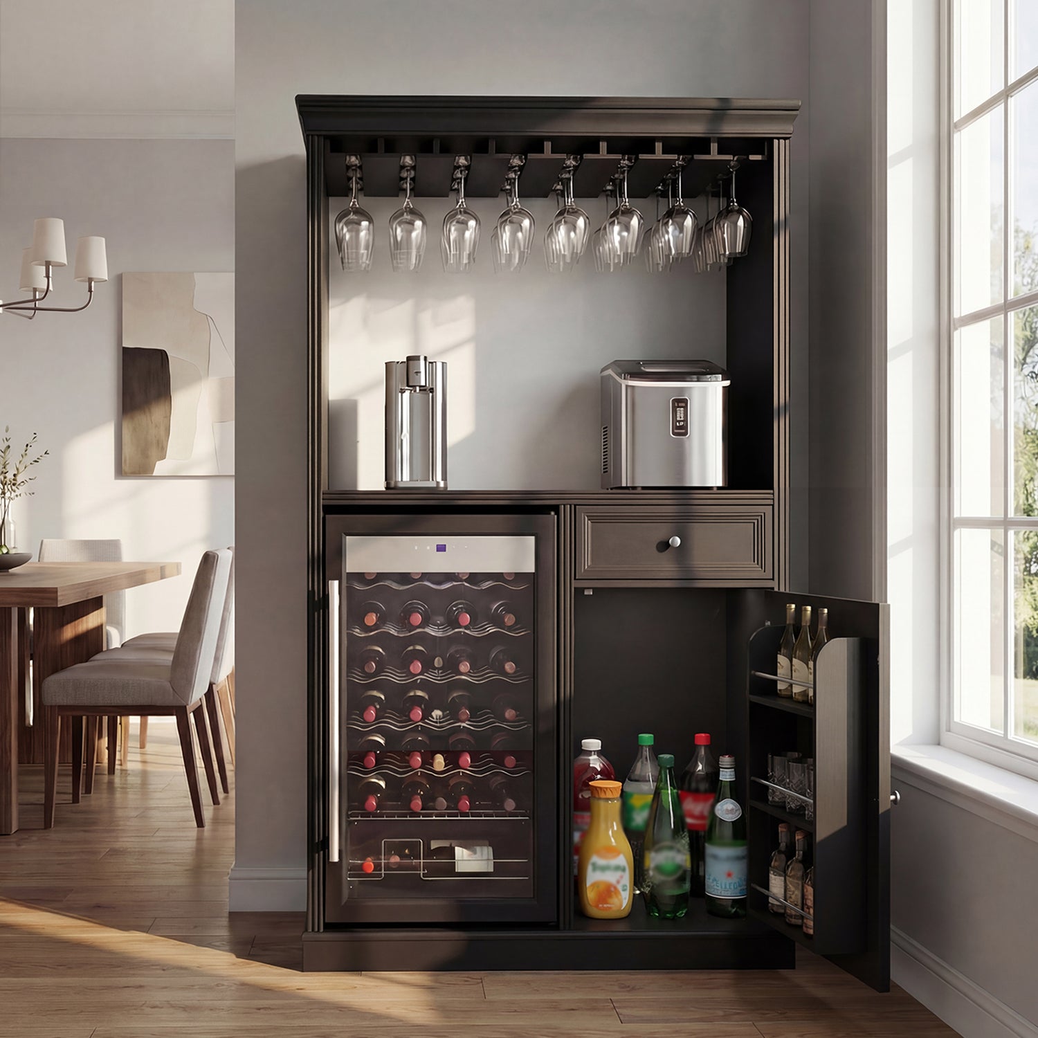Home bar cabinet with wine cooler, shelves, and glass holders in a living room setting.