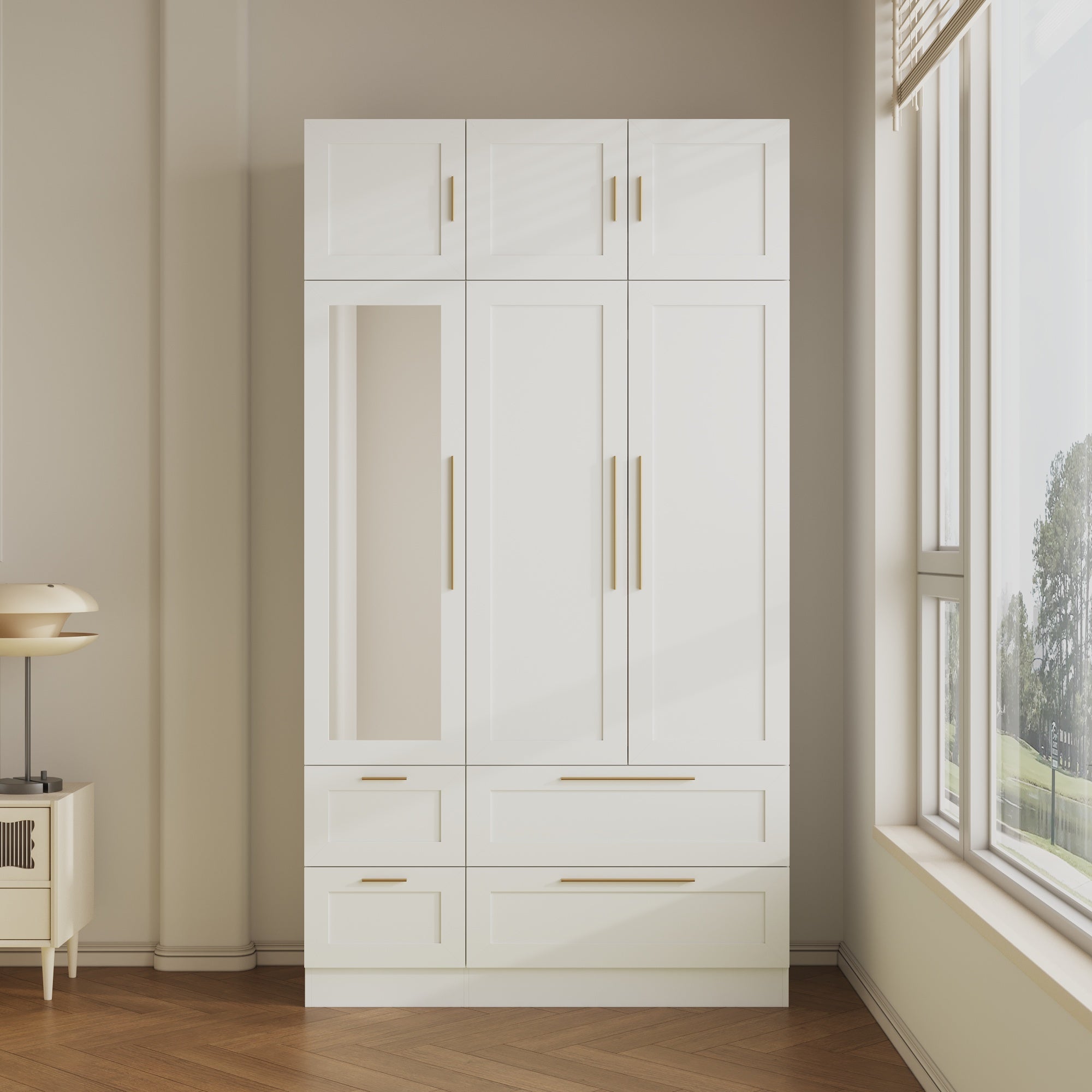 White armoire with mirror door, top cabinets, and lower drawers