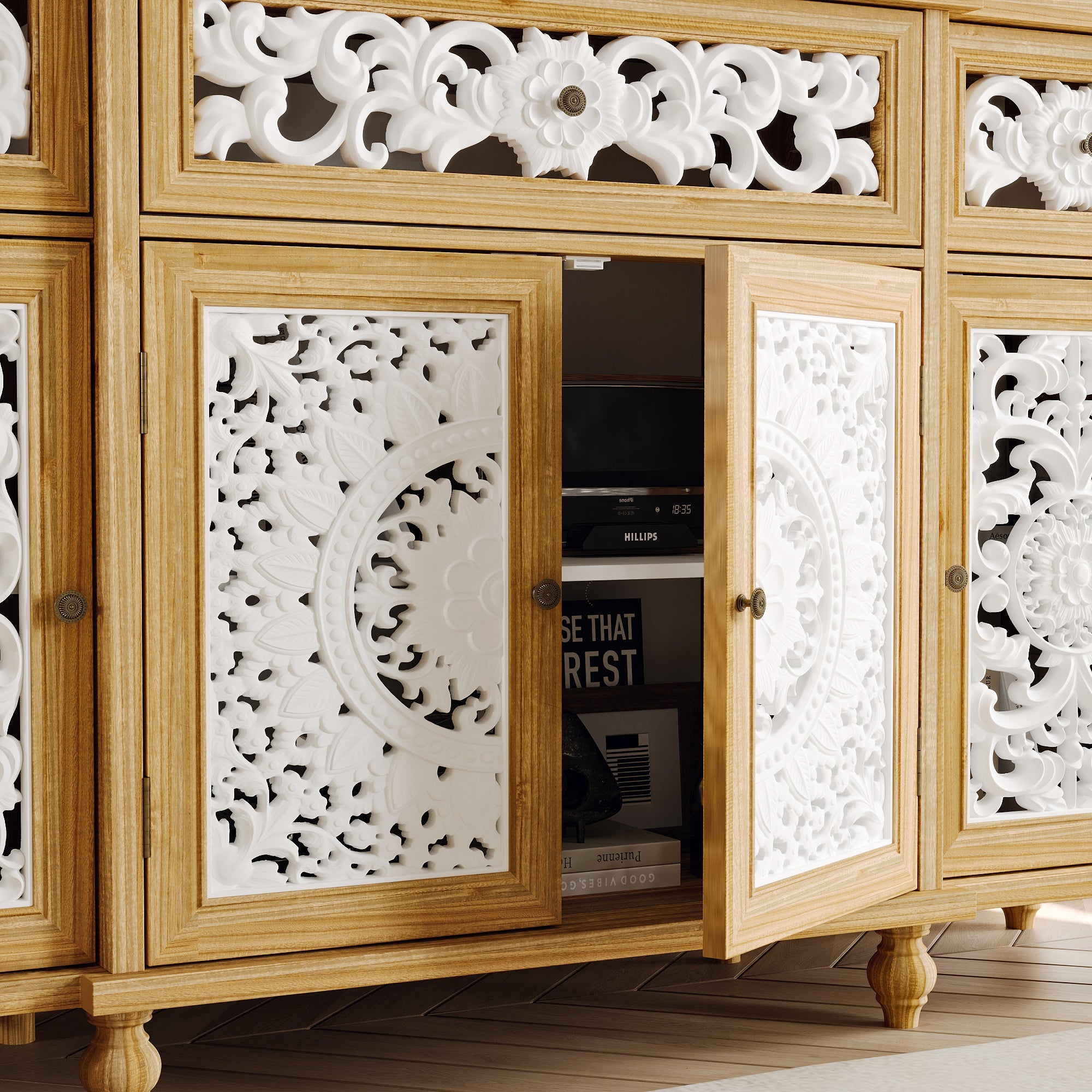 59.1" W Sideboard Cabinet Buffet Storage Cabinet With Wall Hanging Decorations