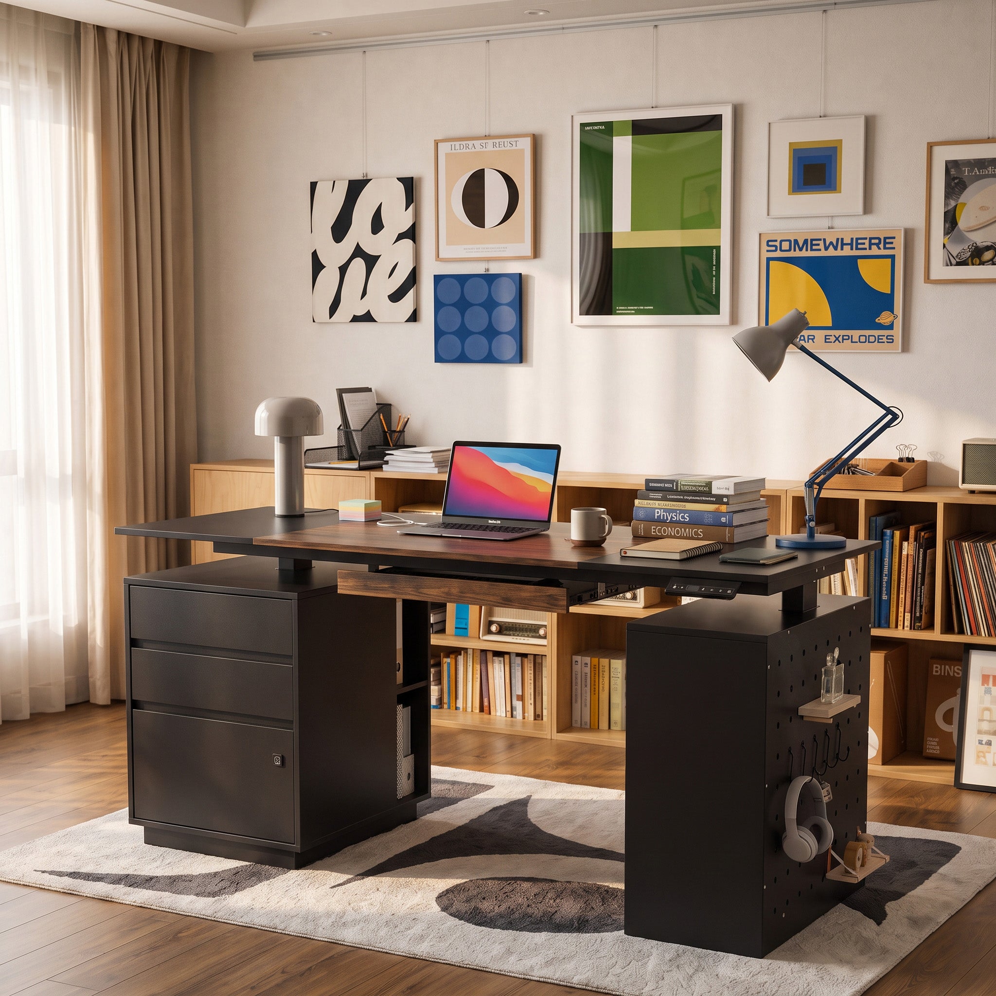 63" Modern Standing Desk with Pegboard Organizer and Keyboard Tray