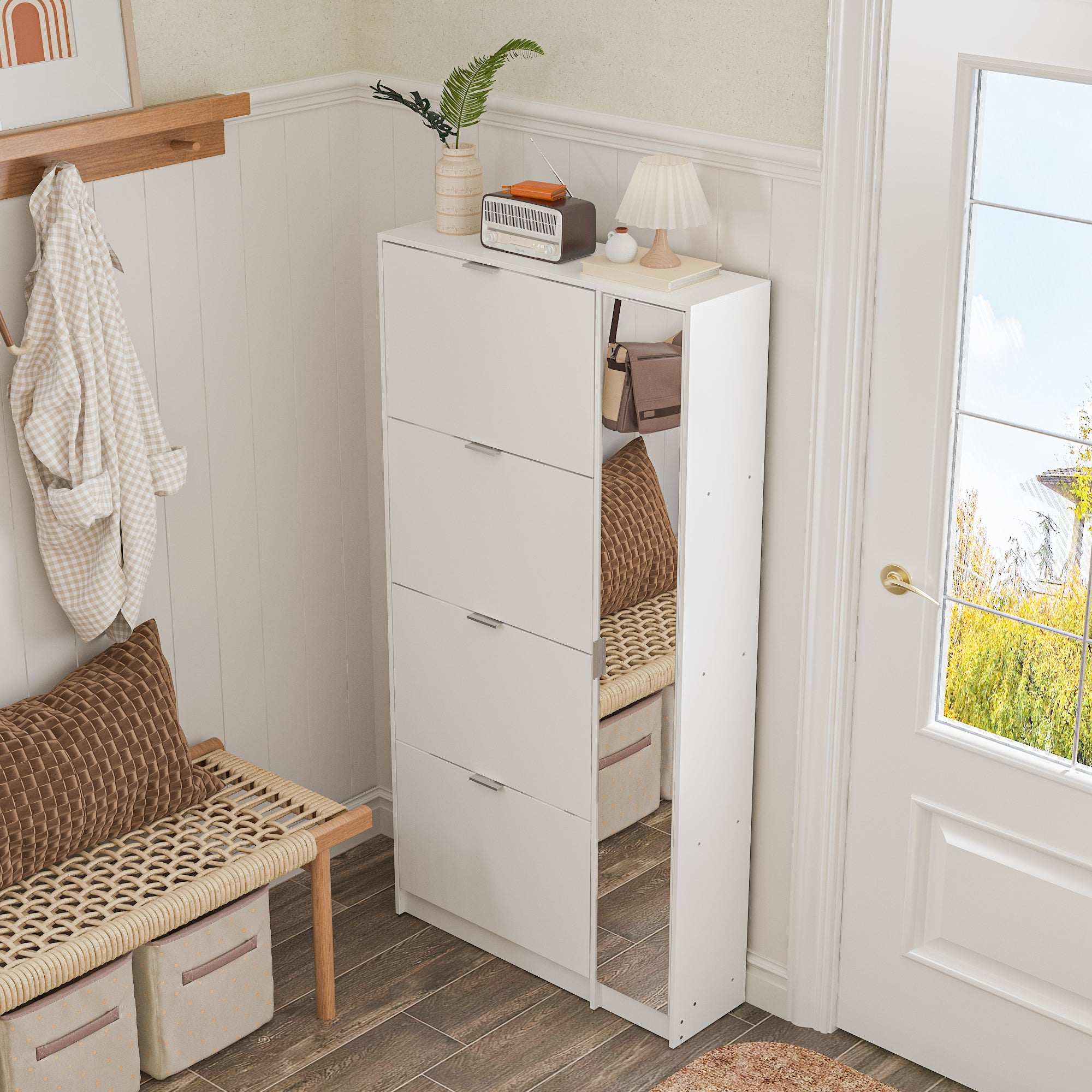 31.5 inch Modern White Flip-Down Shoe Cabinet with 3 Tiers & 28 Pair Capacity