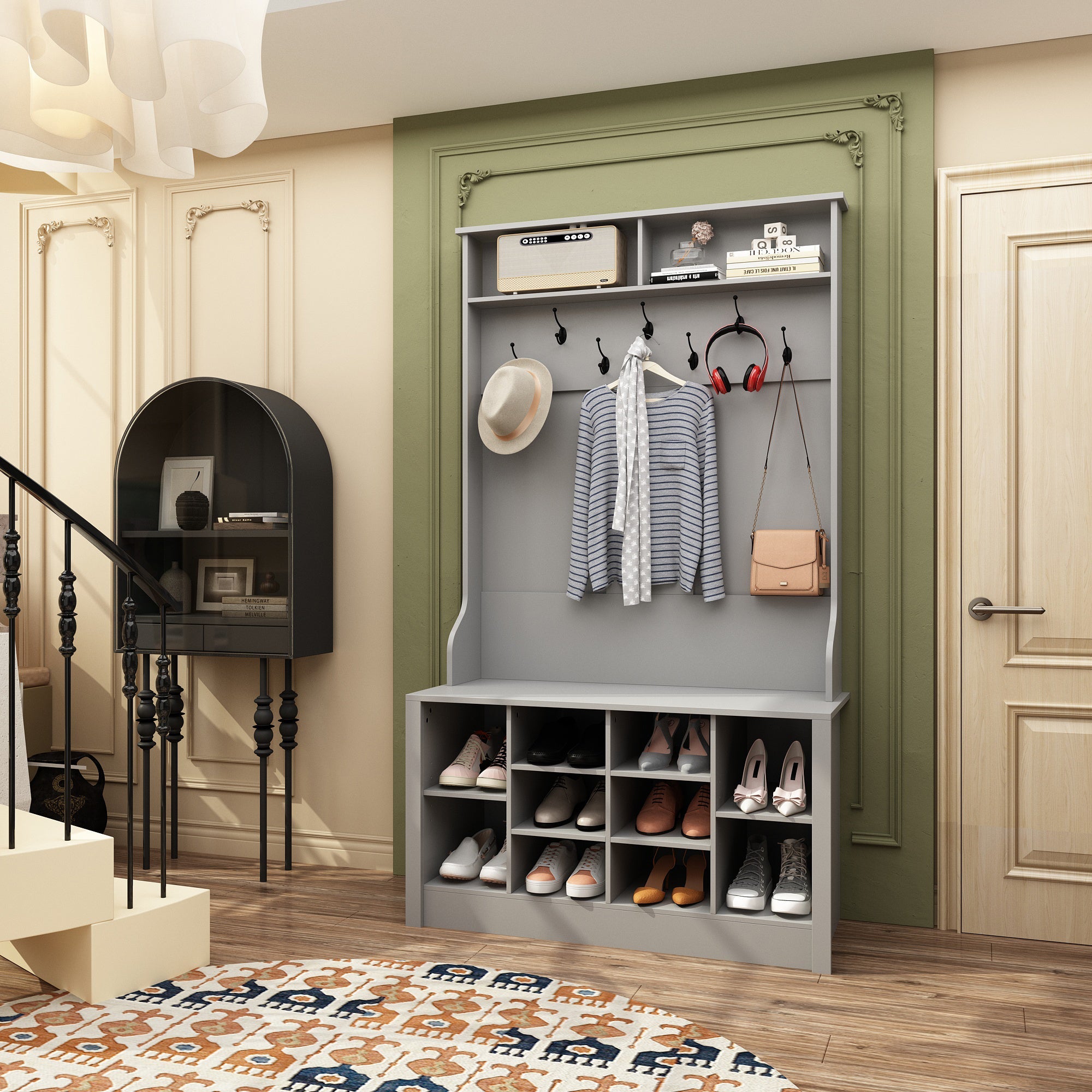 Hall Tree Shoe Storage Rack Bench Cabinet with Hooks for Entryway