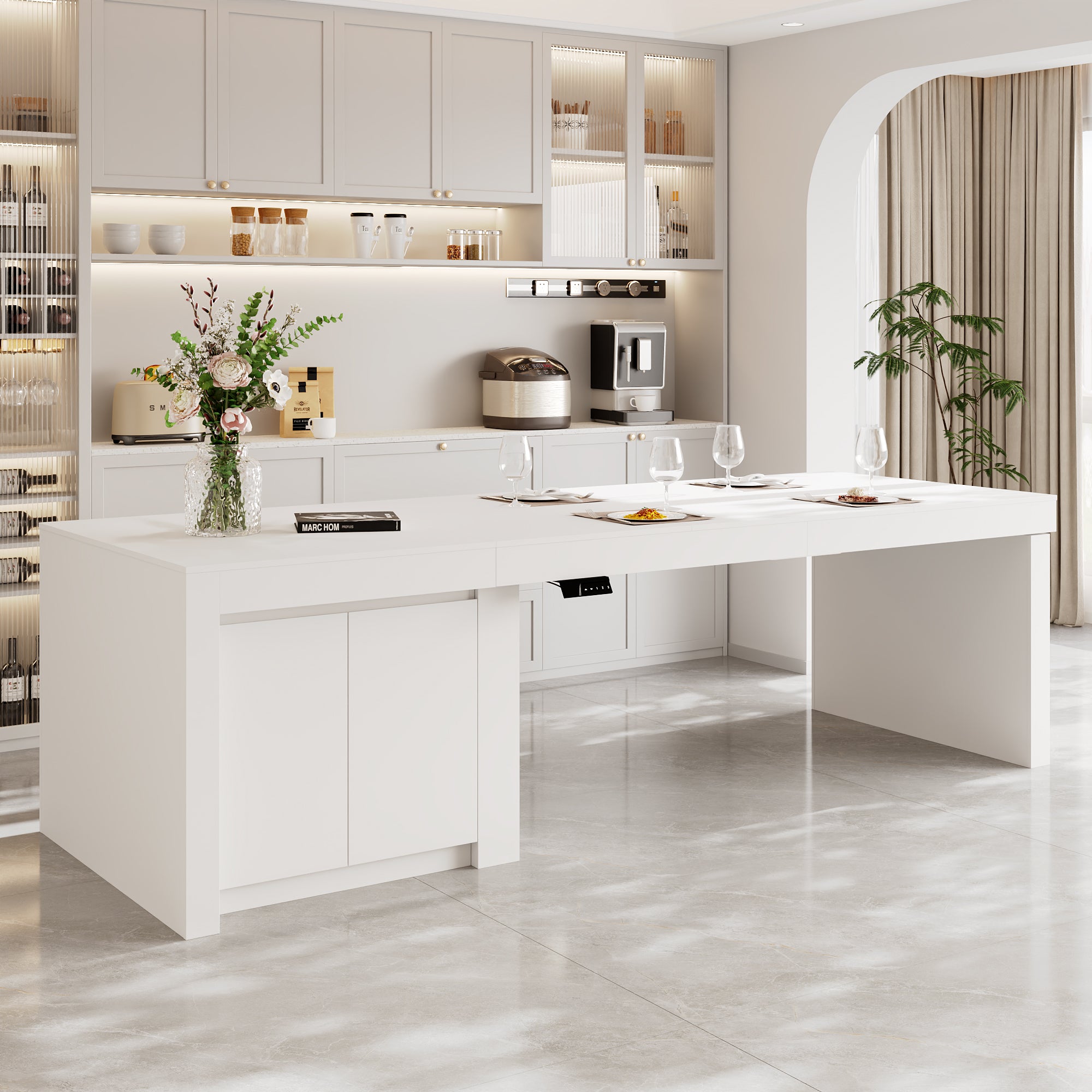 Modern white kitchen island with height-adjustable top and storage cabinets